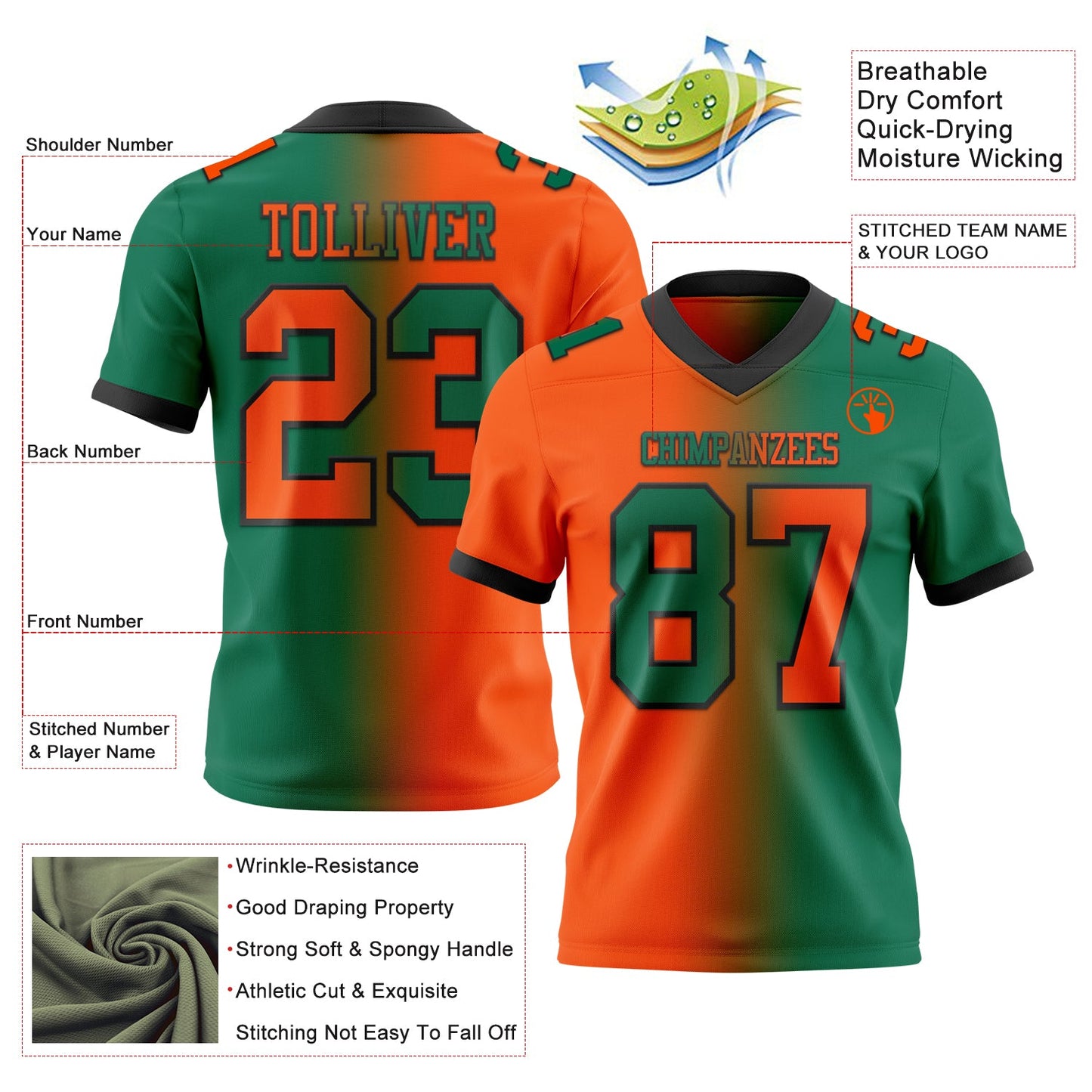 Custom Kelly Green Orange-Black Mesh Authentic Gradient Fashion Football Jersey - Sky-Custom