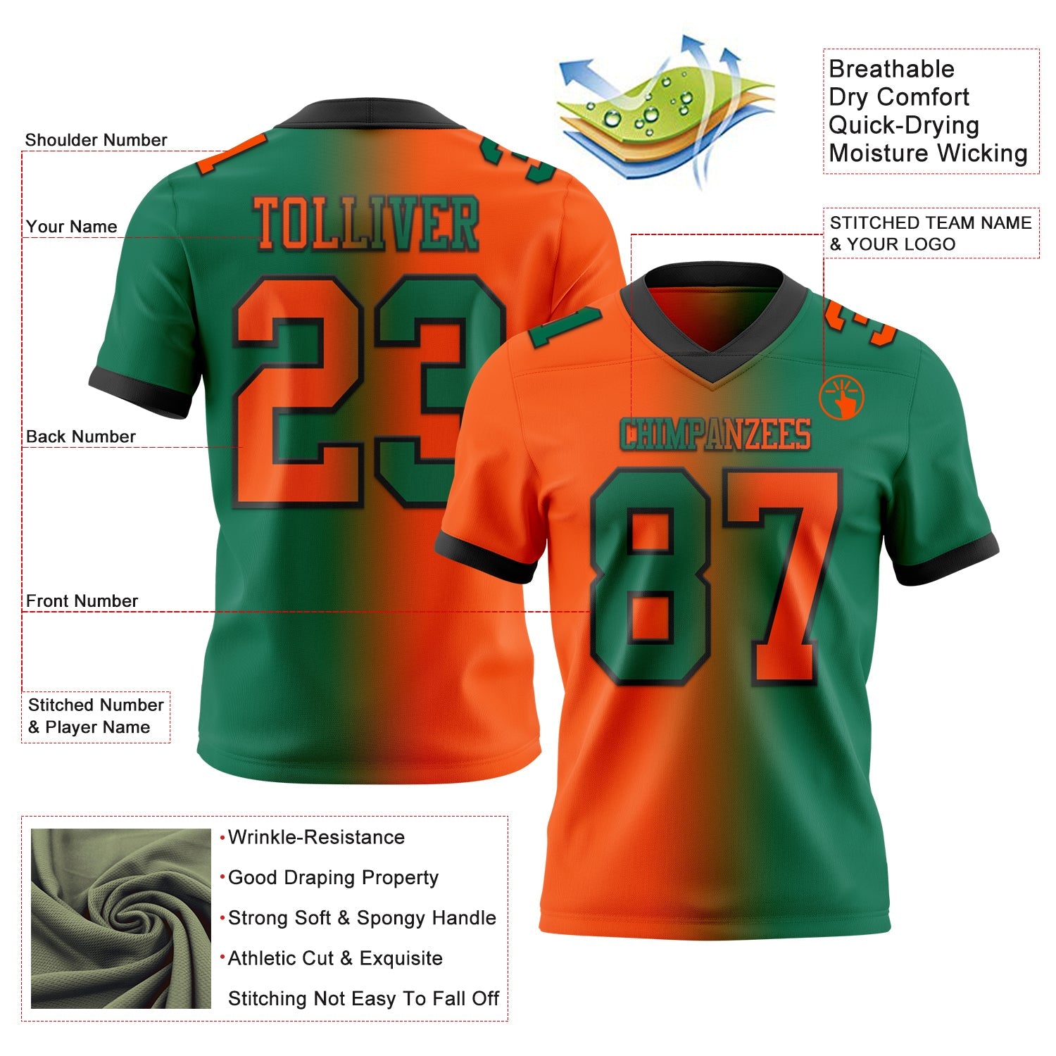 Custom Kelly Green Orange-Black Mesh Authentic Gradient Fashion Football Jersey - Sky-Custom