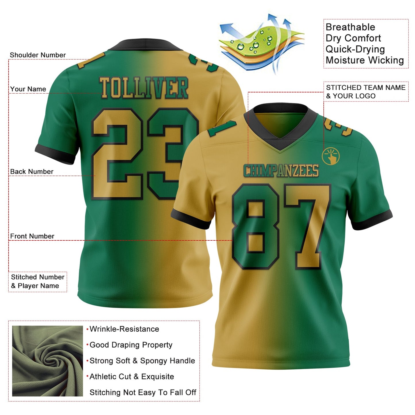 Custom Kelly Green Old Gold-Black Mesh Authentic Gradient Fashion Football Jersey - Sky-Custom