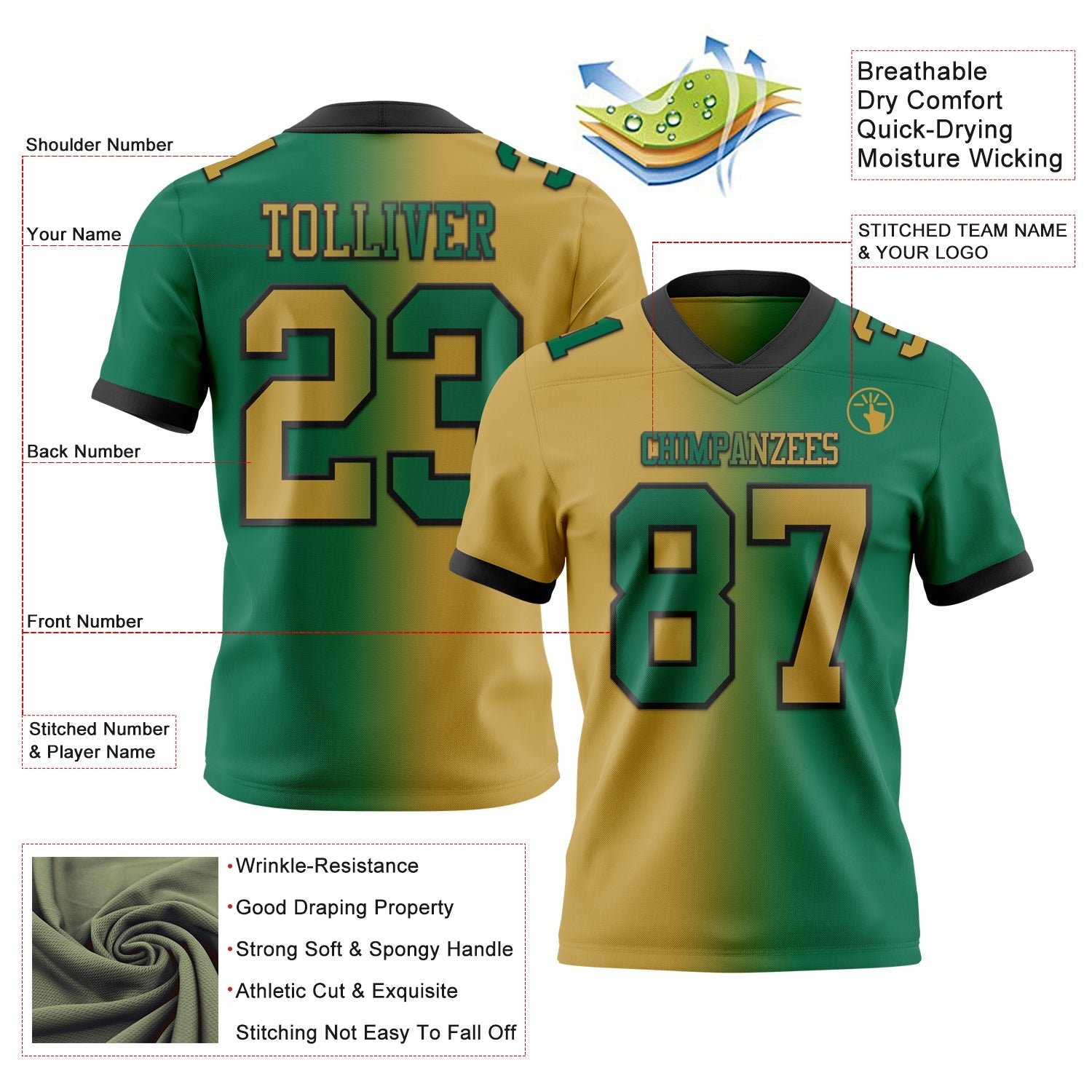 Custom Kelly Green Old Gold-Black Mesh Authentic Gradient Fashion Football Jersey - Sky-Custom