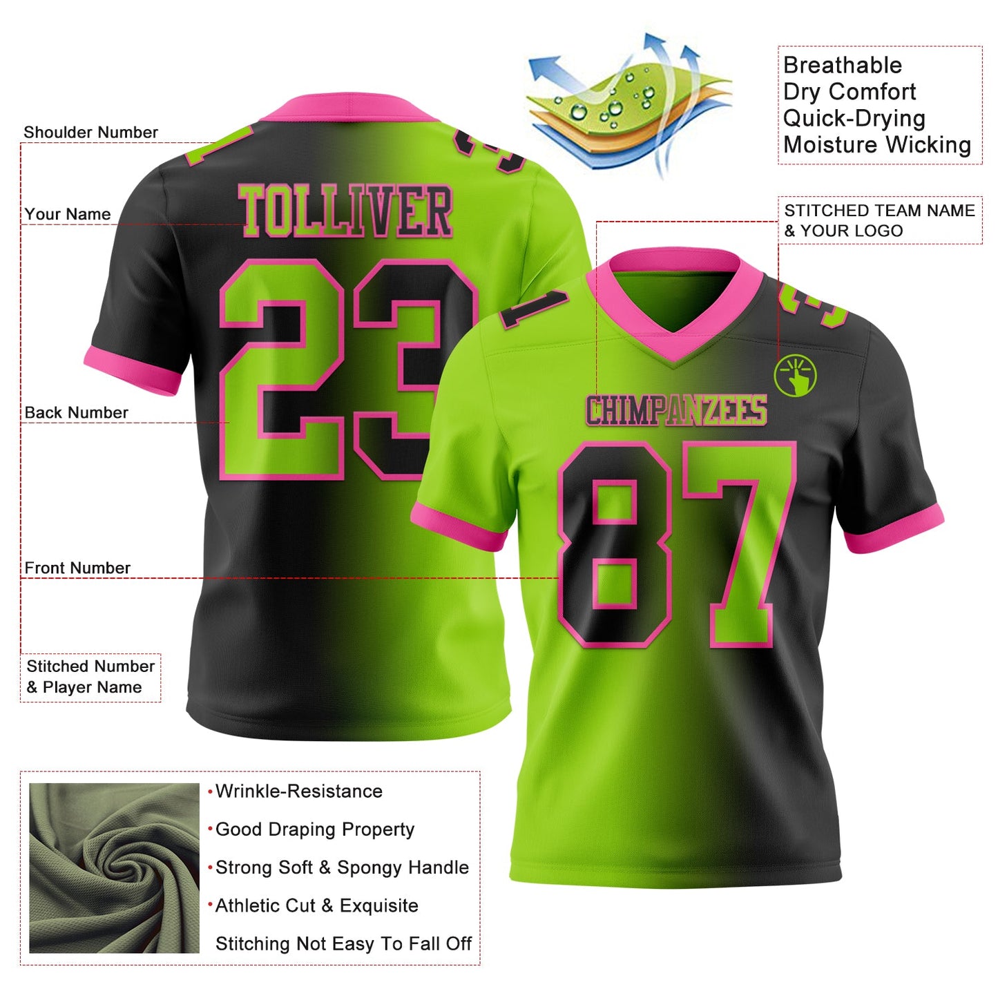 Custom Black Neon Green-Pink Mesh Authentic Gradient Fashion Football Jersey - Sky-Custom