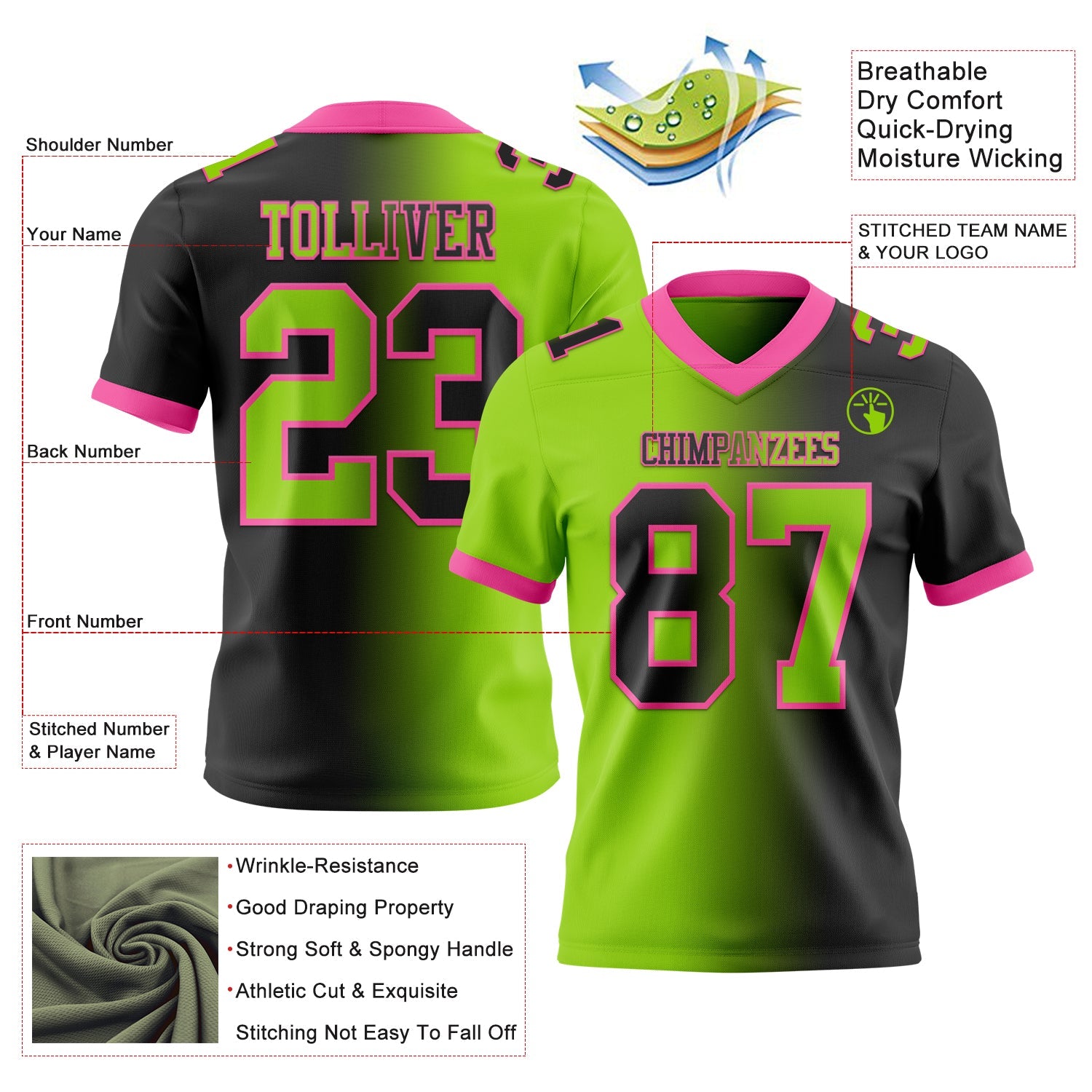 Custom Black Neon Green-Pink Mesh Authentic Gradient Fashion Football Jersey - Sky-Custom
