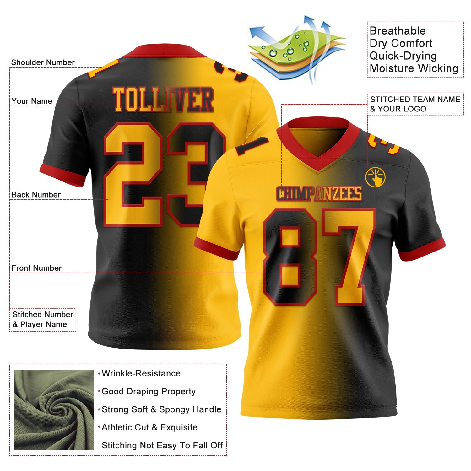 Custom Black Gold-Red Mesh Authentic Gradient Fashion Football Jersey - Sky-Custom