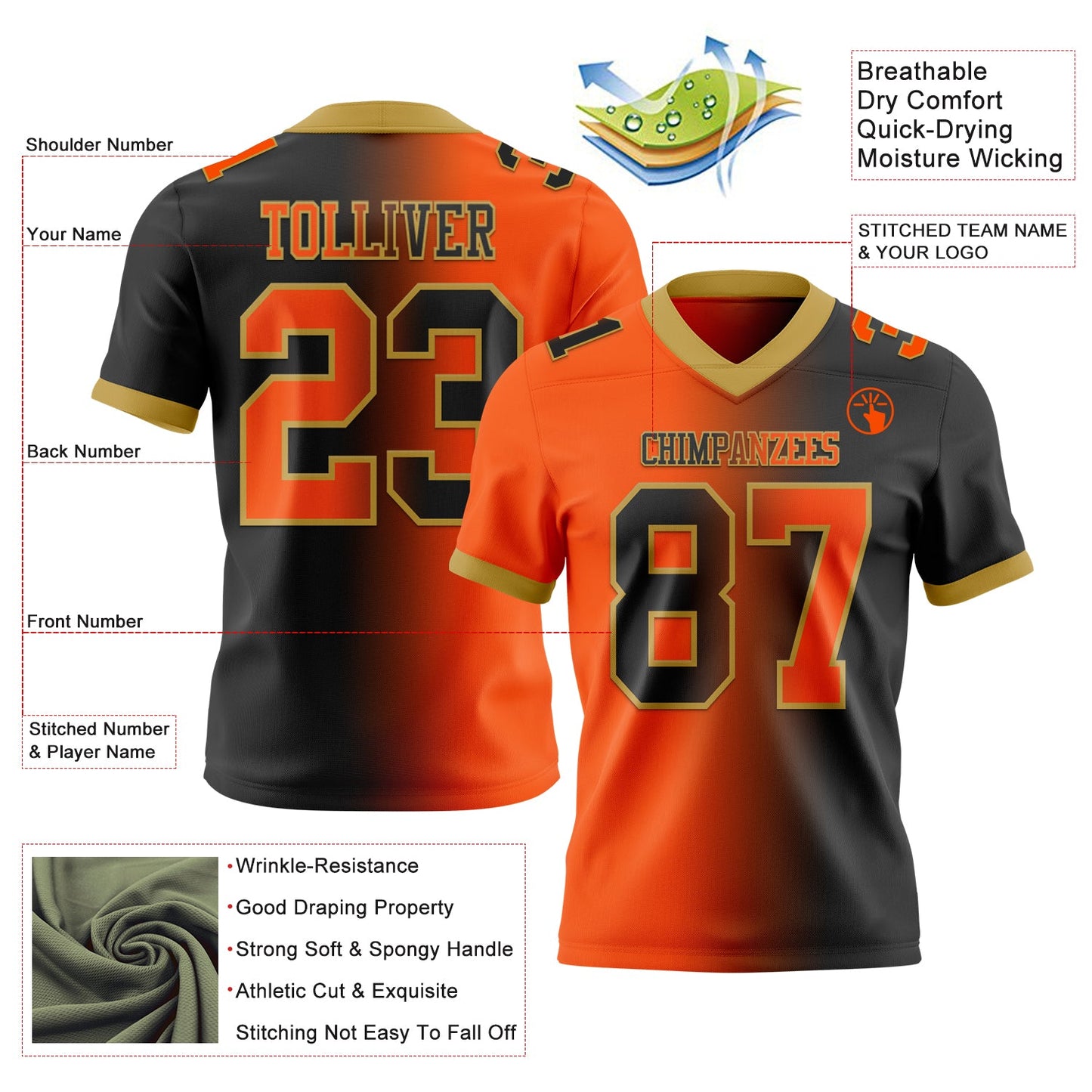Custom Black Orange-Old Gold Mesh Authentic Gradient Fashion Football Jersey - Sky-Custom