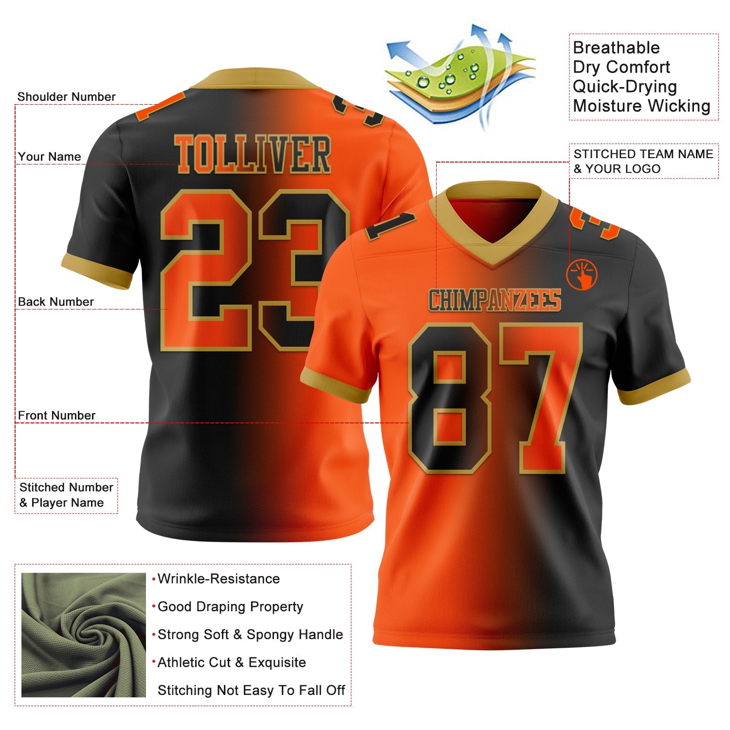 Custom Black Orange-Old Gold Mesh Authentic Gradient Fashion Football Jersey - Sky-Custom