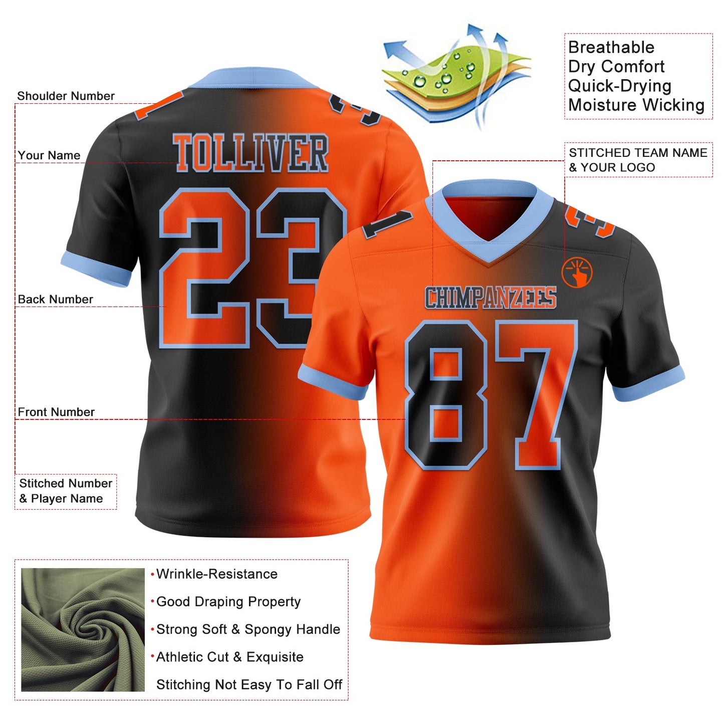 Custom Black Orange-Light Blue Mesh Authentic Gradient Fashion Football Jersey - Sky-Custom