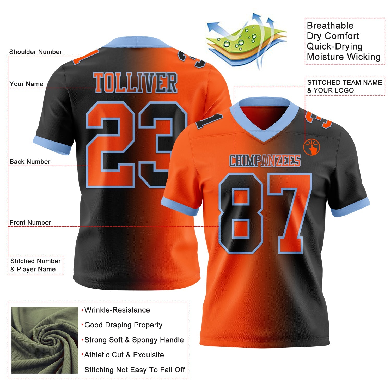 Custom Black Orange-Light Blue Mesh Authentic Gradient Fashion Football Jersey - Sky-Custom