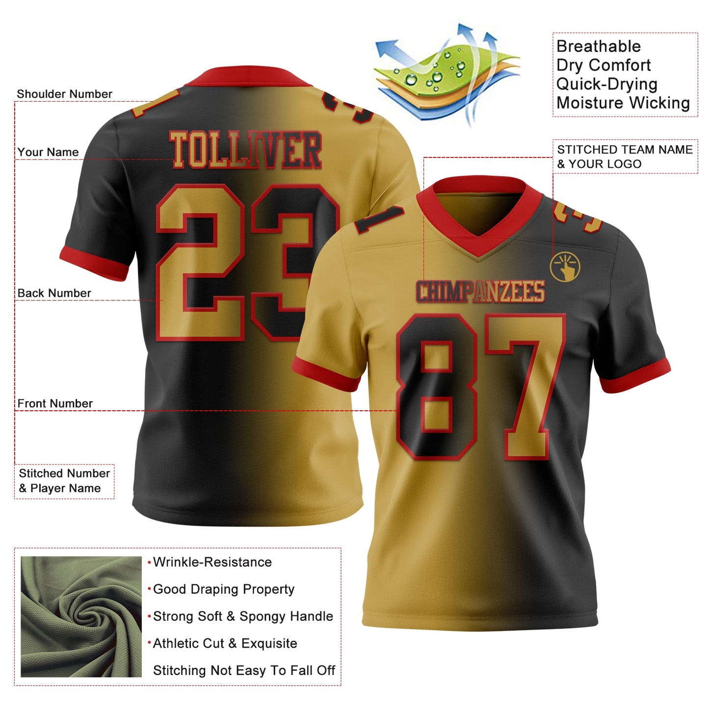 Custom Black Old Gold-Red Mesh Authentic Gradient Fashion Football Jersey - Sky-Custom