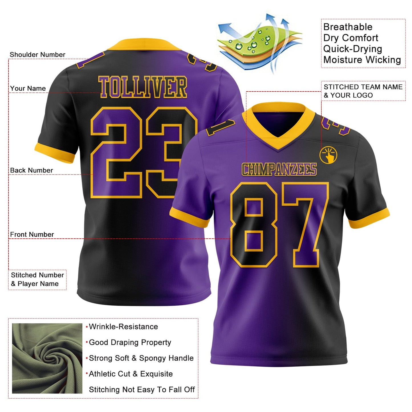 Custom Black Purple-Gold Mesh Authentic Gradient Fashion Football Jersey - Sky-Custom
