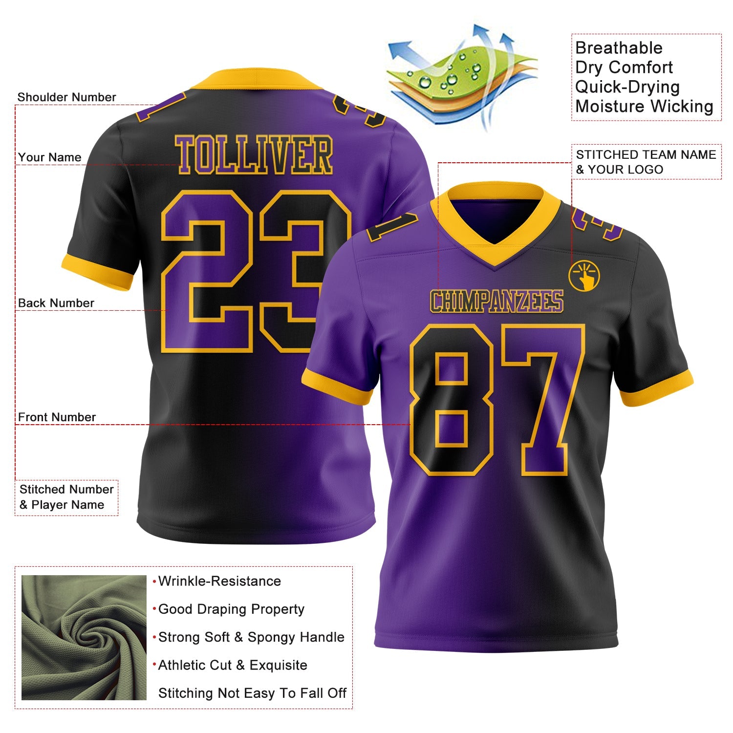 Custom Black Purple-Gold Mesh Authentic Gradient Fashion Football Jersey - Sky-Custom