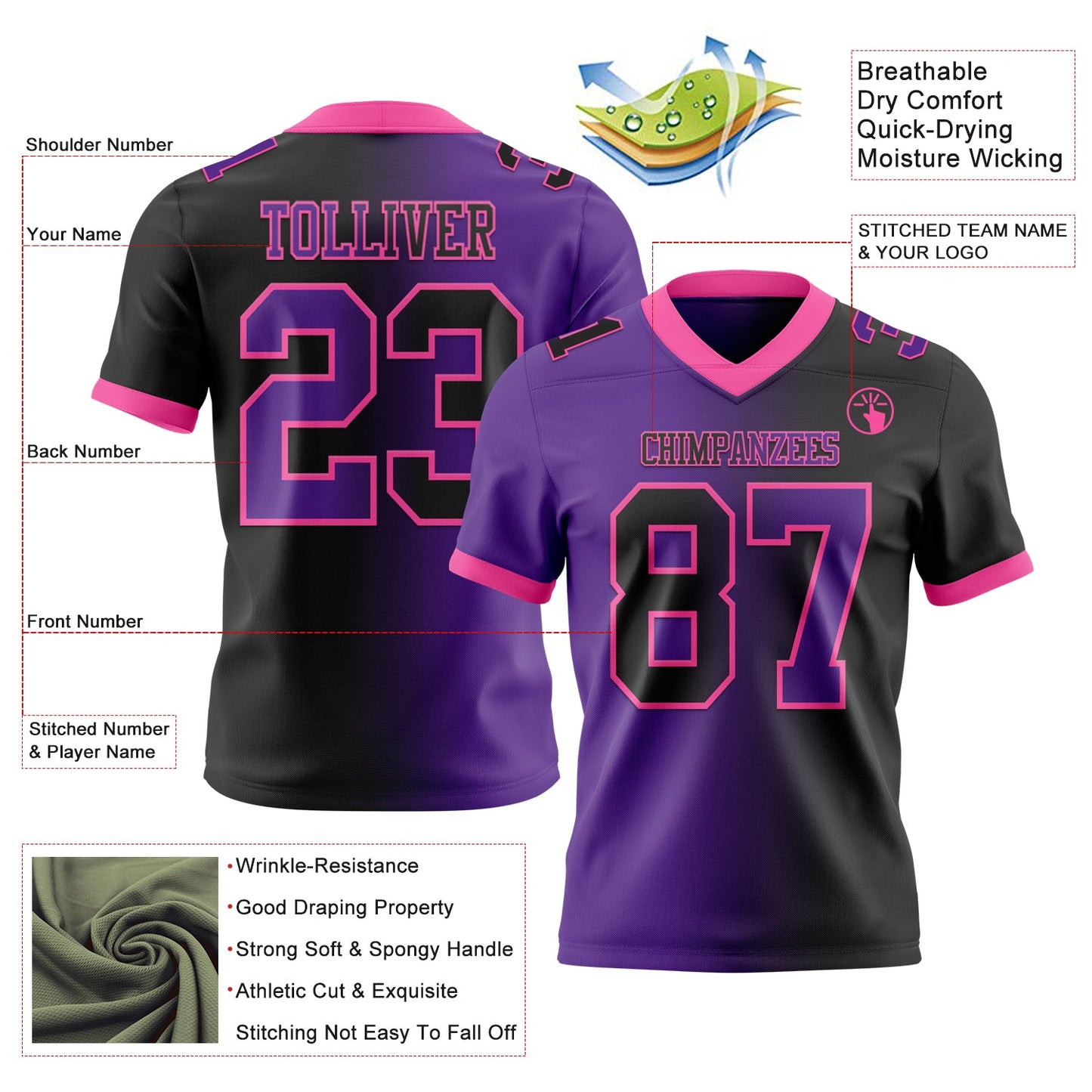 Custom Black Purple-Pink Mesh Authentic Gradient Fashion Football Jersey - Sky-Custom