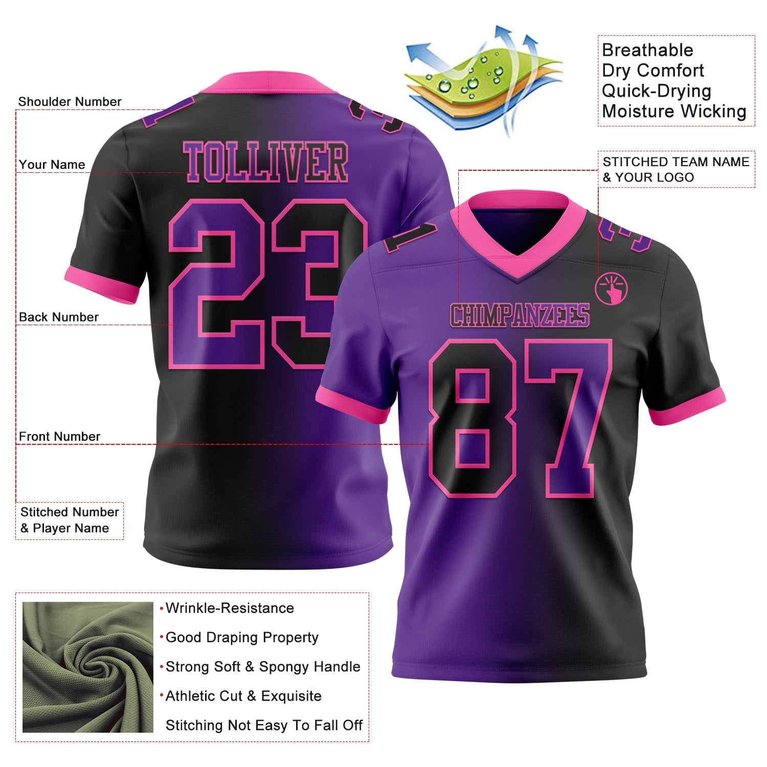 Custom Black Purple-Pink Mesh Authentic Gradient Fashion Football Jersey - Sky-Custom