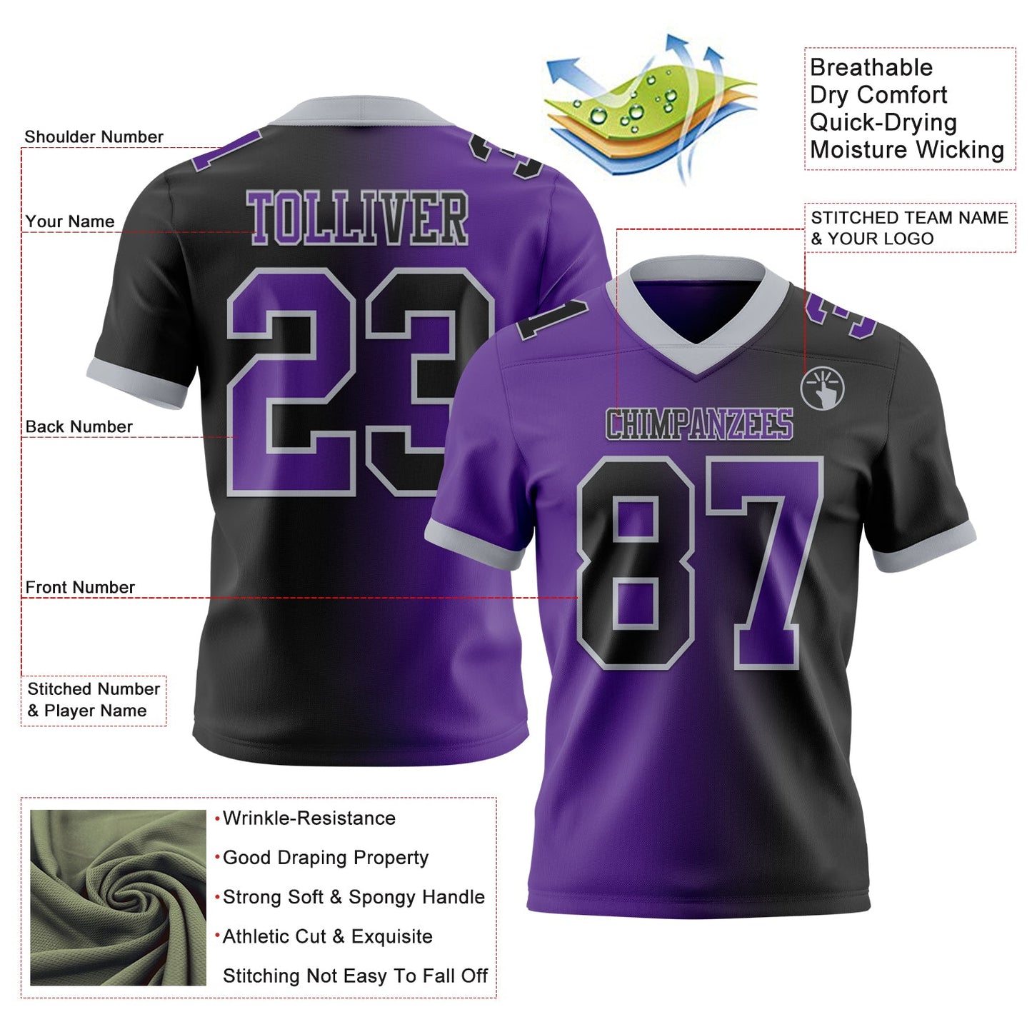 Custom Black Purple-Gray Mesh Authentic Gradient Fashion Football Jersey - Sky-Custom