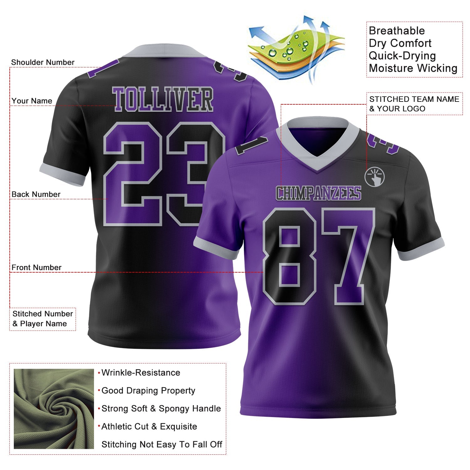 Custom Black Purple-Gray Mesh Authentic Gradient Fashion Football Jersey - Sky-Custom