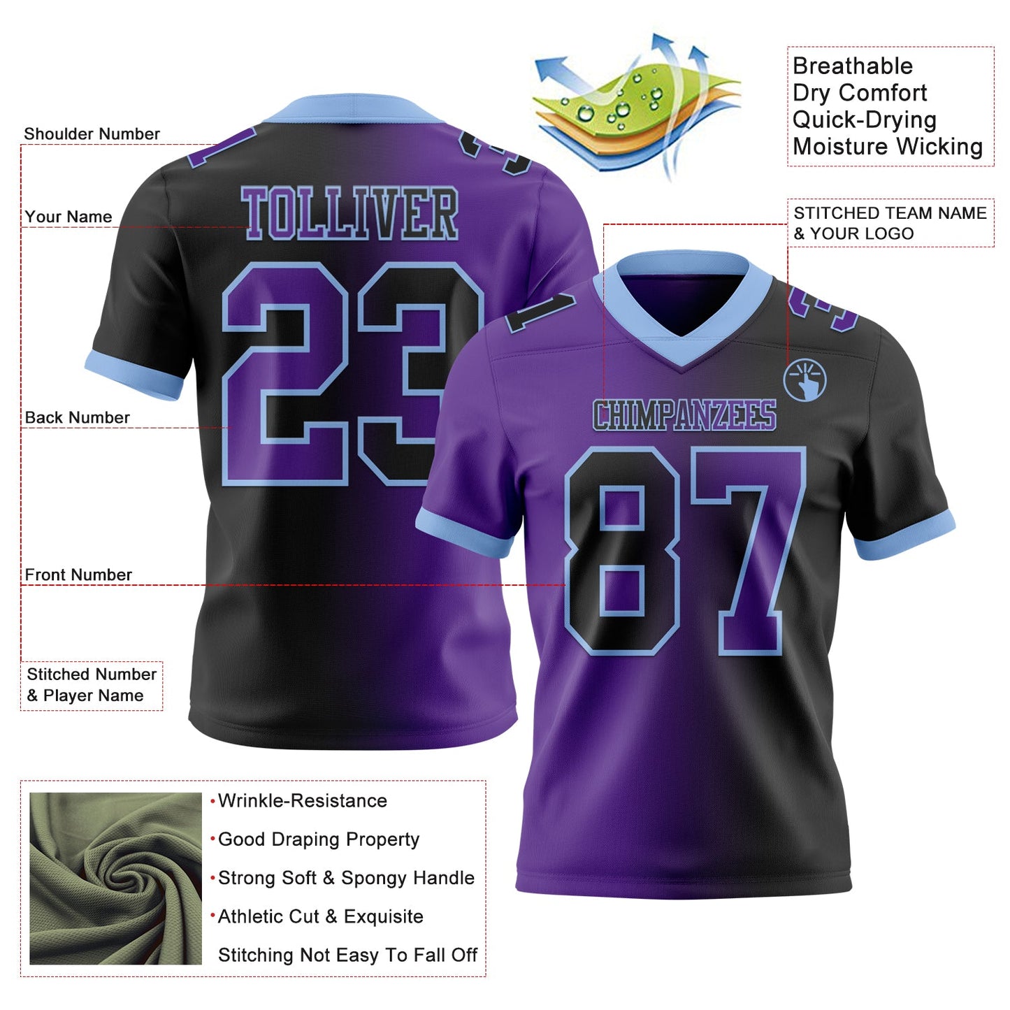 Custom Black Purple-Light Blue Mesh Authentic Gradient Fashion Football Jersey - Sky-Custom