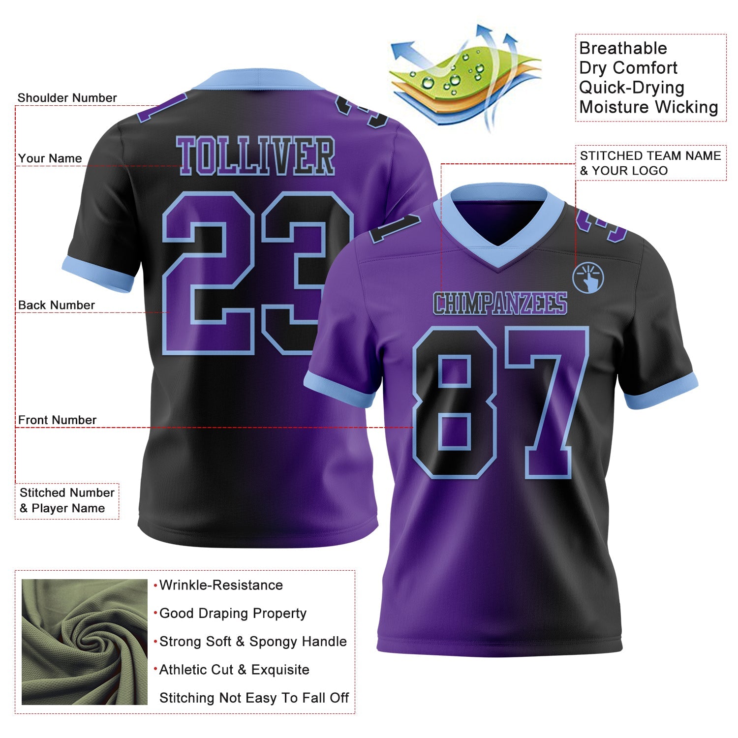 Custom Black Purple-Light Blue Mesh Authentic Gradient Fashion Football Jersey - Sky-Custom