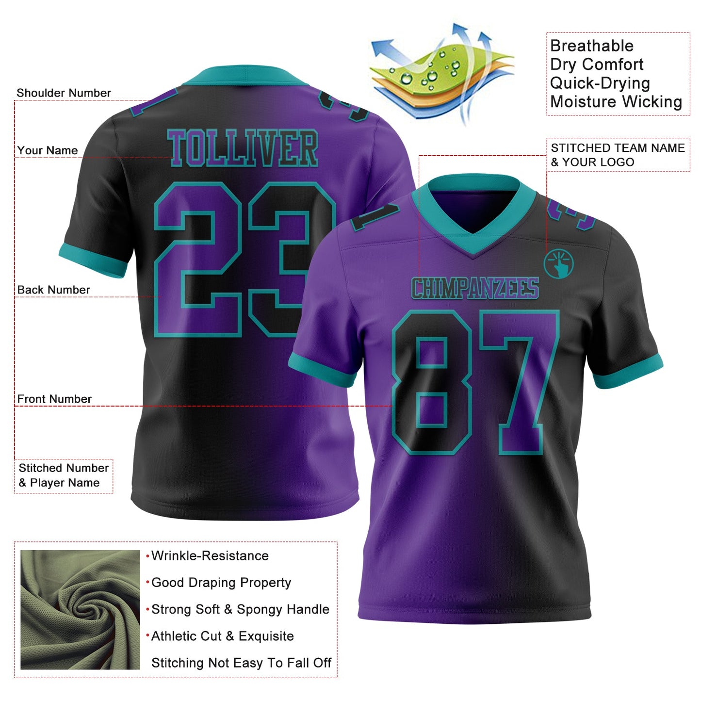 Custom Black Purple-Teal Mesh Authentic Gradient Fashion Football Jersey - Sky-Custom