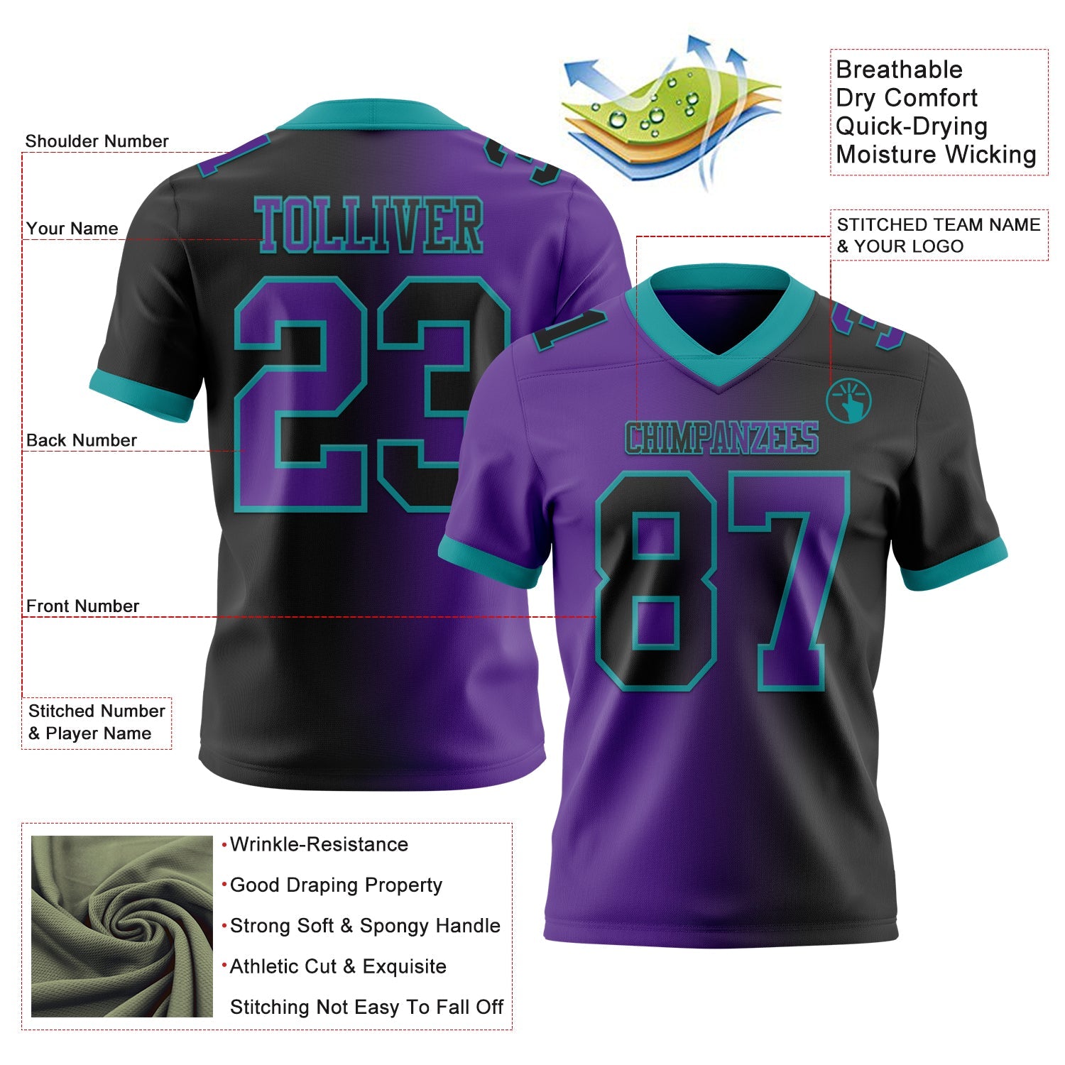Custom Black Purple-Teal Mesh Authentic Gradient Fashion Football Jersey - Sky-Custom