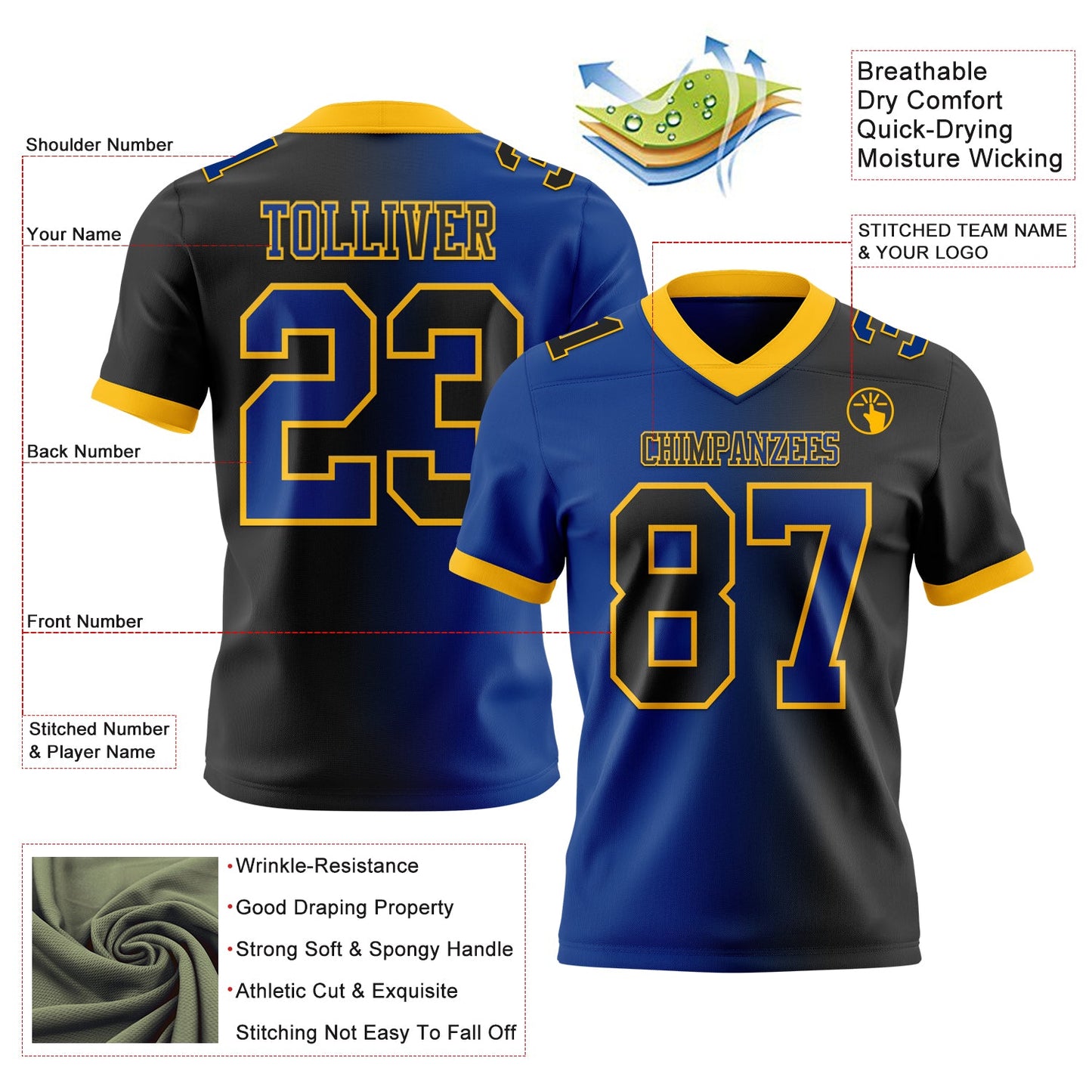 Custom Black Royal-Gold Mesh Authentic Gradient Fashion Football Jersey - Sky-Custom
