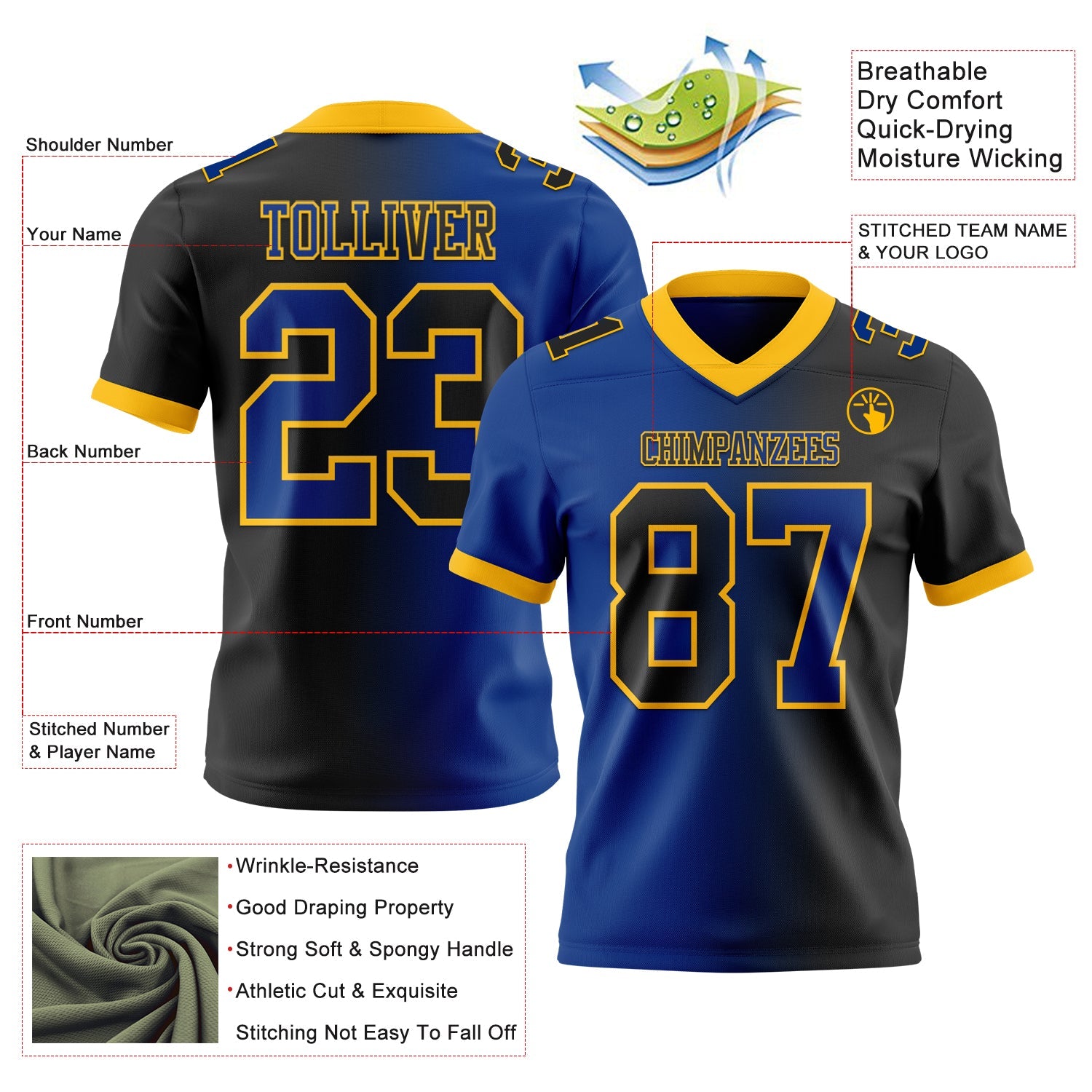 Custom Black Royal-Gold Mesh Authentic Gradient Fashion Football Jersey - Sky-Custom