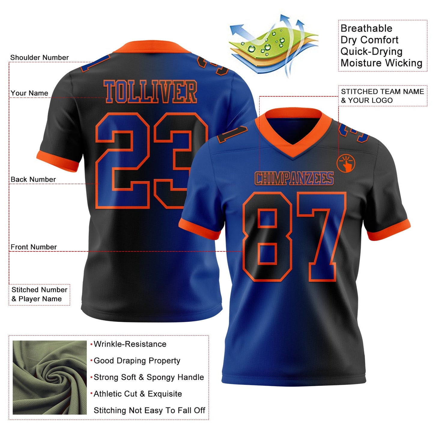 Custom Black Royal-Orange Mesh Authentic Gradient Fashion Football Jersey - Sky-Custom