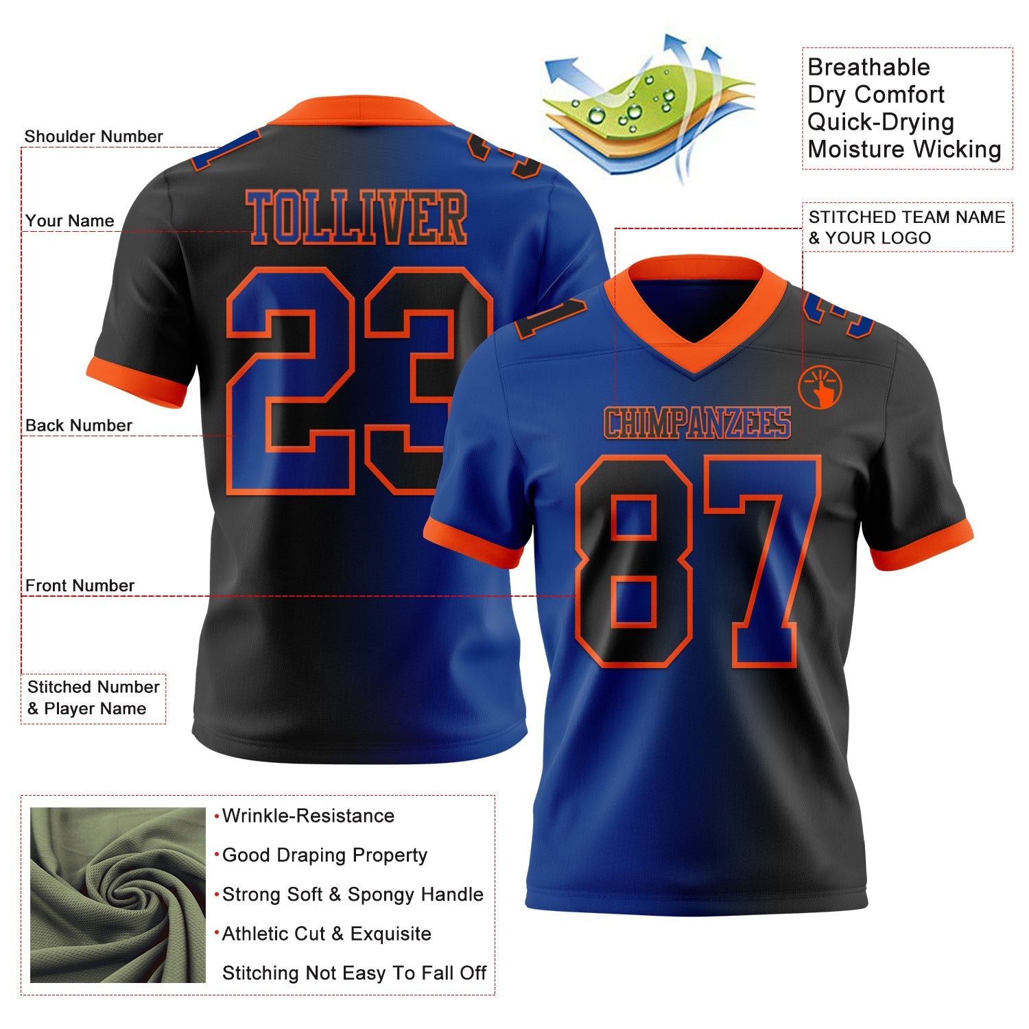 Custom Black Royal-Orange Mesh Authentic Gradient Fashion Football Jersey - Sky-Custom