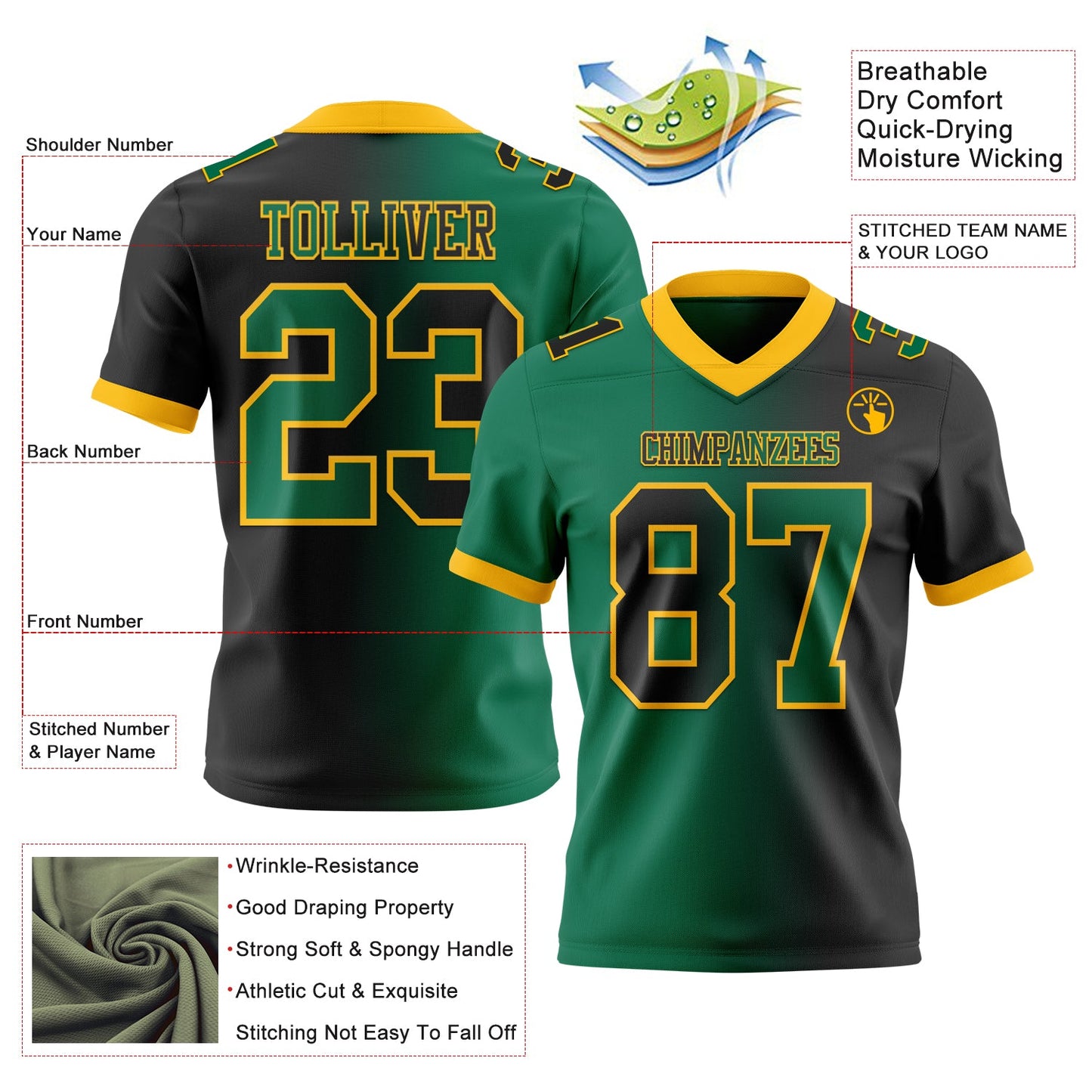 Custom Black Kelly Green-Gold Mesh Authentic Gradient Fashion Football Jersey - Sky-Custom