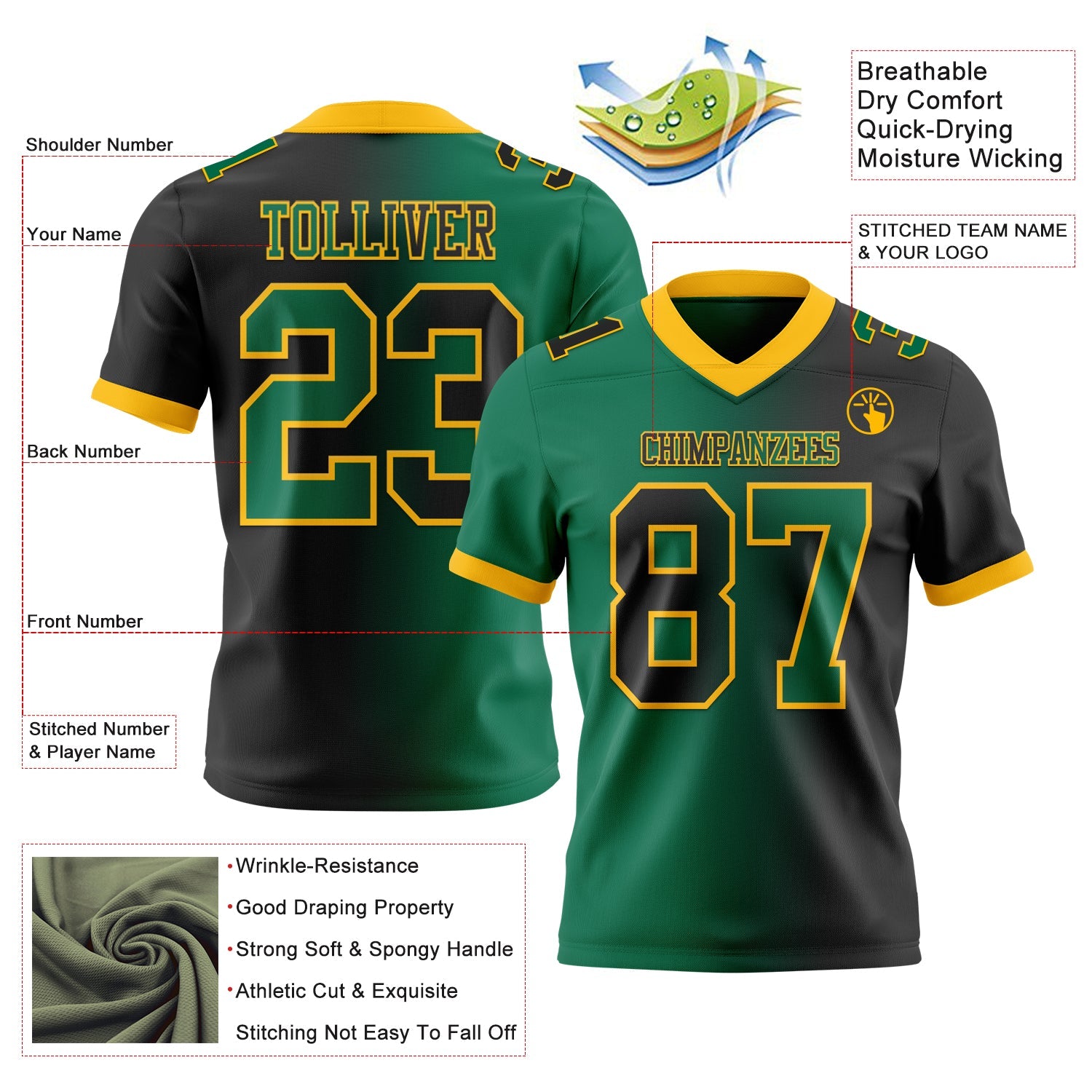 Custom Black Kelly Green-Gold Mesh Authentic Gradient Fashion Football Jersey - Sky-Custom