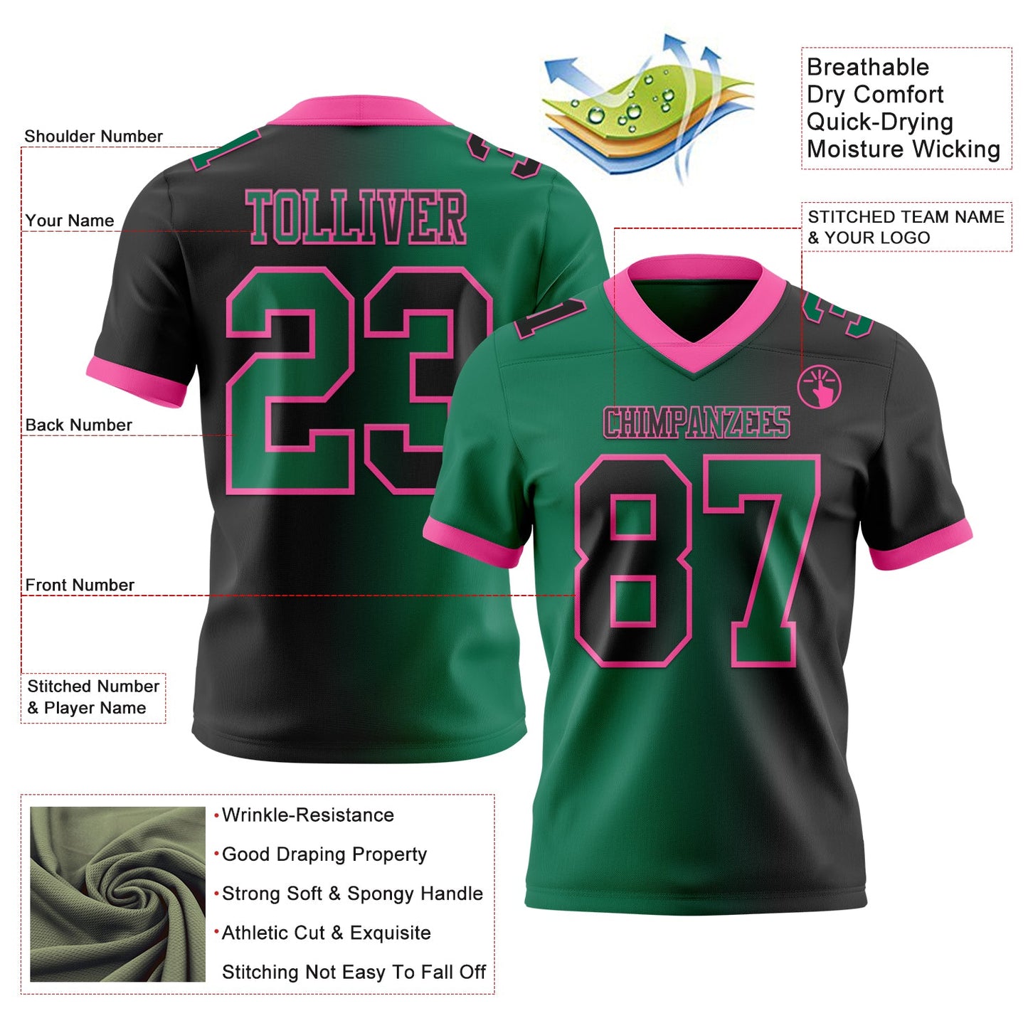 Custom Black Kelly Green-Pink Mesh Authentic Gradient Fashion Football Jersey - Sky-Custom