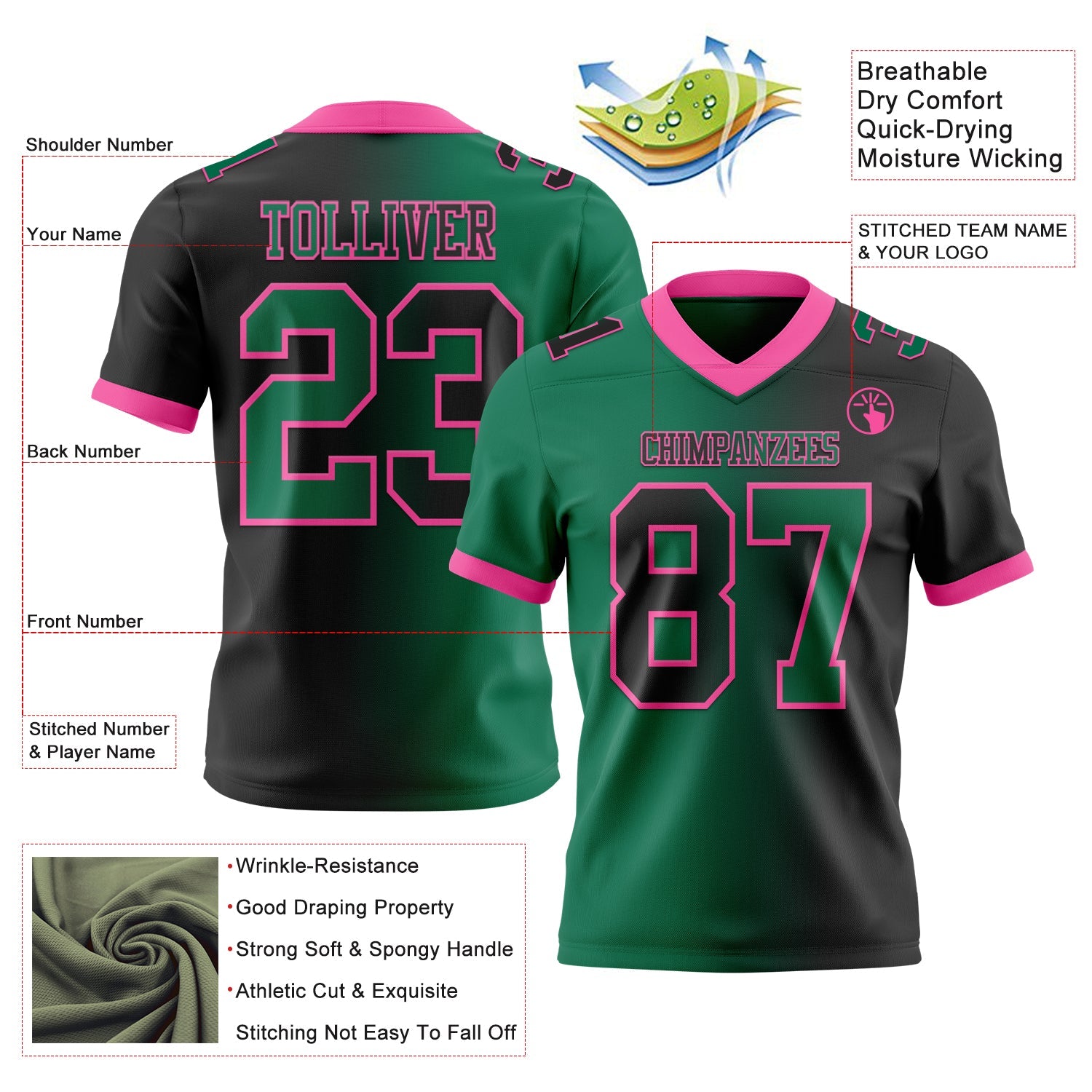 Custom Black Kelly Green-Pink Mesh Authentic Gradient Fashion Football Jersey - Sky-Custom