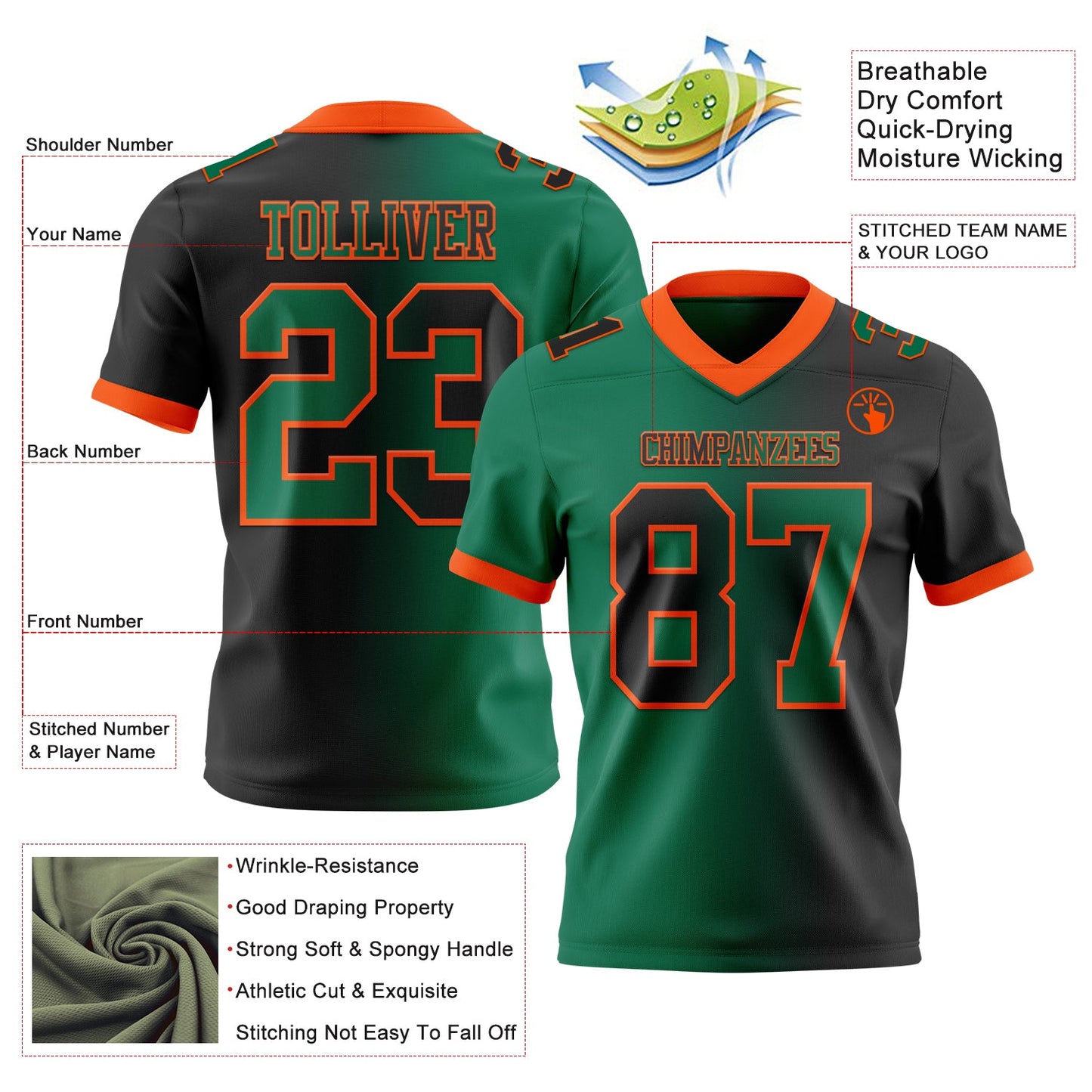 Custom Black Kelly Green-Orange Mesh Authentic Gradient Fashion Football Jersey - Sky-Custom