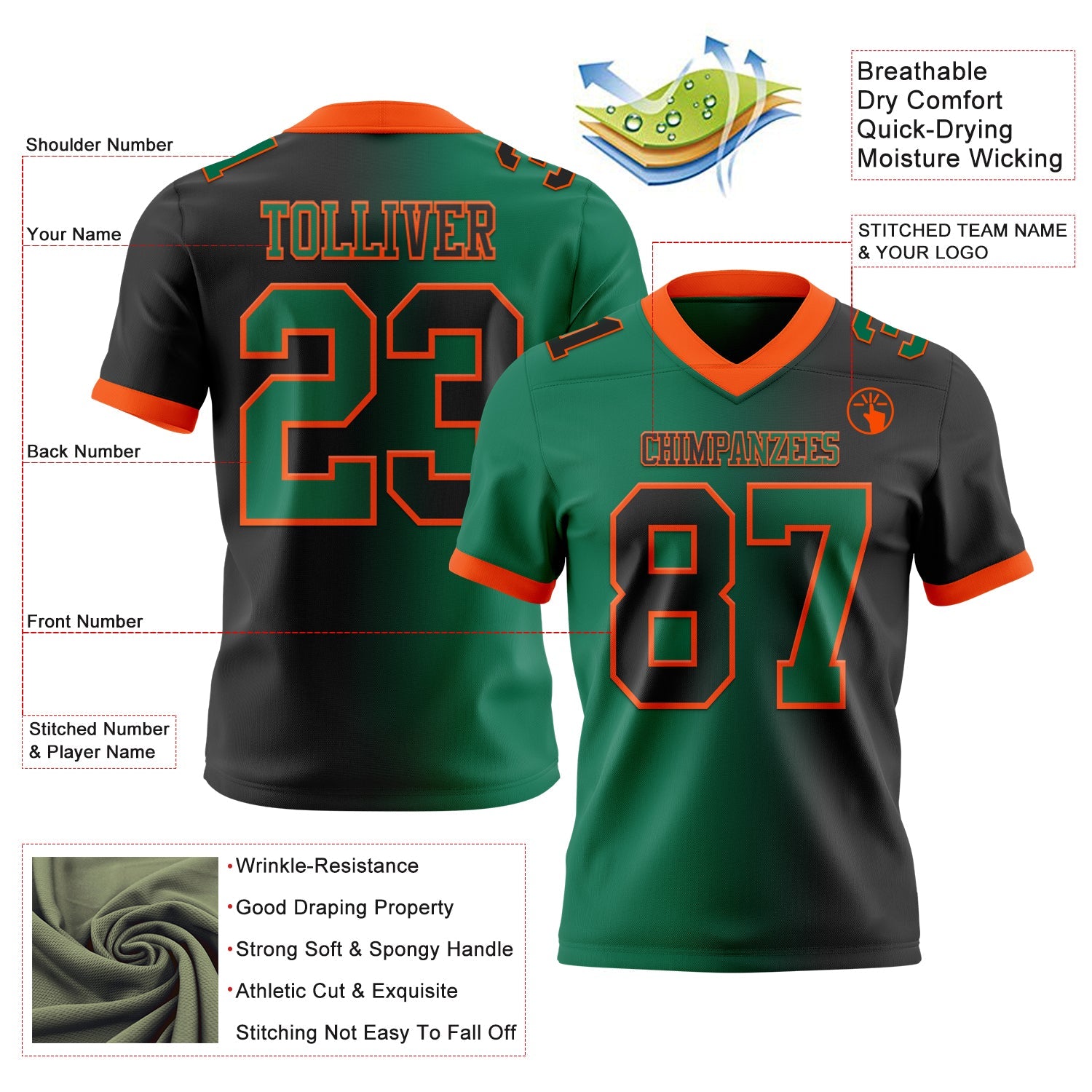 Custom Black Kelly Green-Orange Mesh Authentic Gradient Fashion Football Jersey - Sky-Custom