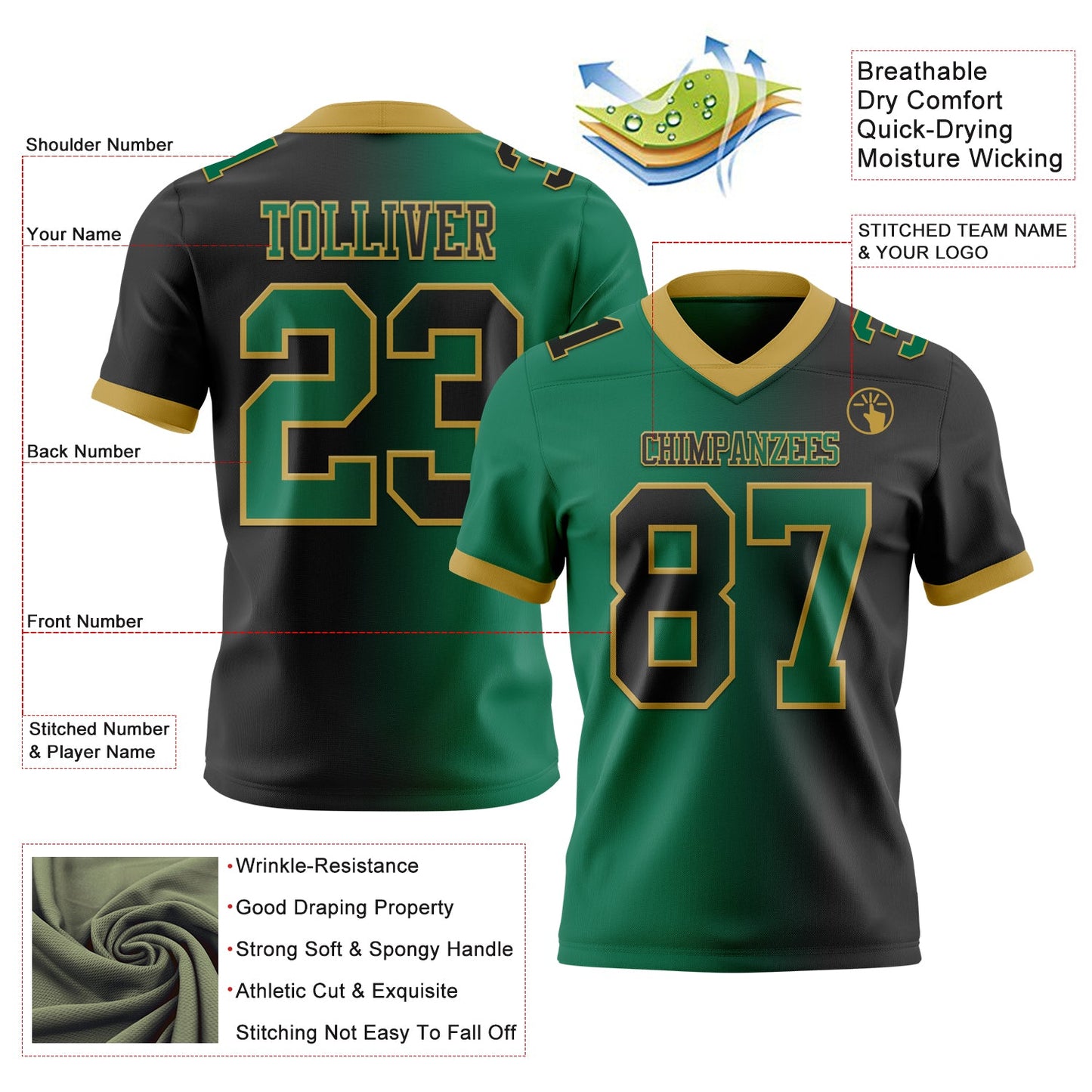 Custom Black Kelly Green-Old Gold Mesh Authentic Gradient Fashion Football Jersey - Sky-Custom