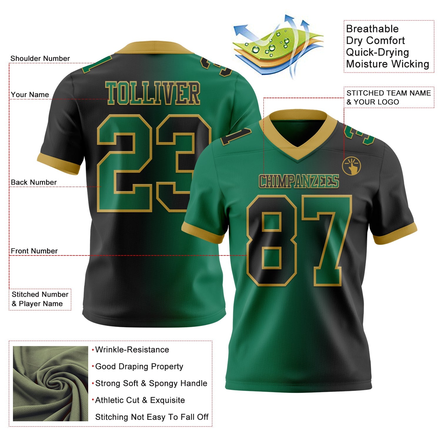 Custom Black Kelly Green-Old Gold Mesh Authentic Gradient Fashion Football Jersey - Sky-Custom