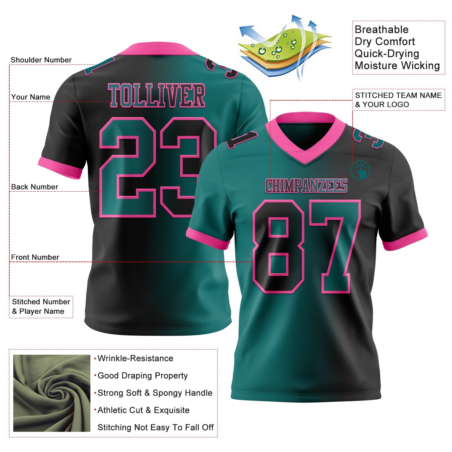Custom Black Teal-Pink Mesh Authentic Gradient Fashion Football Jersey - Sky-Custom