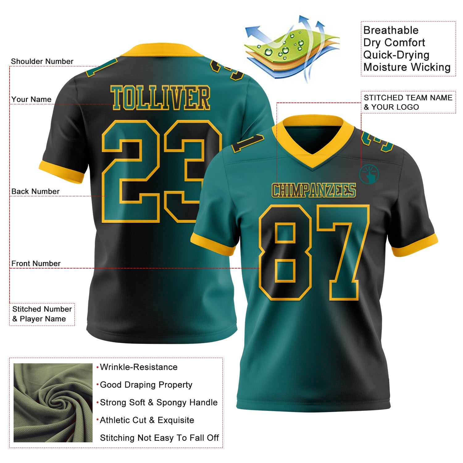 Custom Black Teal-Gold Mesh Authentic Gradient Fashion Football Jersey - Sky-Custom