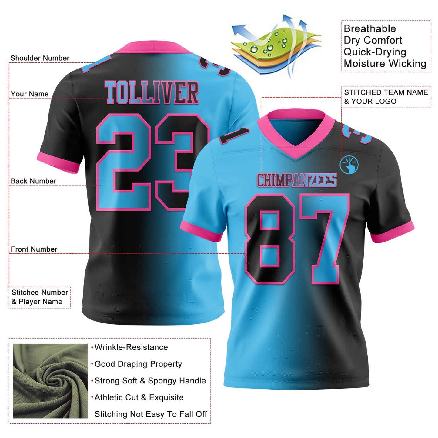 Custom Black Sky Blue-Pink Mesh Authentic Gradient Fashion Football Jersey - Sky-Custom