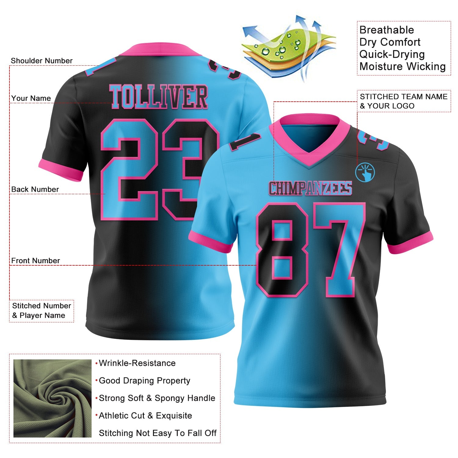 Custom Black Sky Blue-Pink Mesh Authentic Gradient Fashion Football Jersey - Sky-Custom
