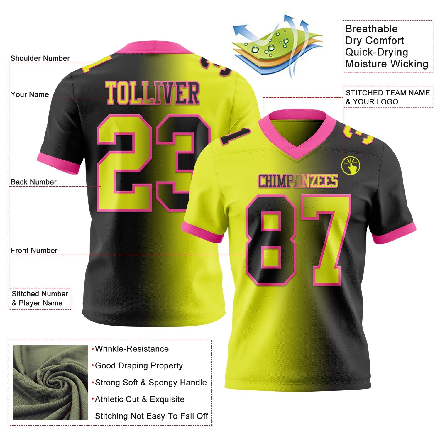 Custom Black Neon Yellow-Pink Mesh Authentic Gradient Fashion Football Jersey - Sky-Custom