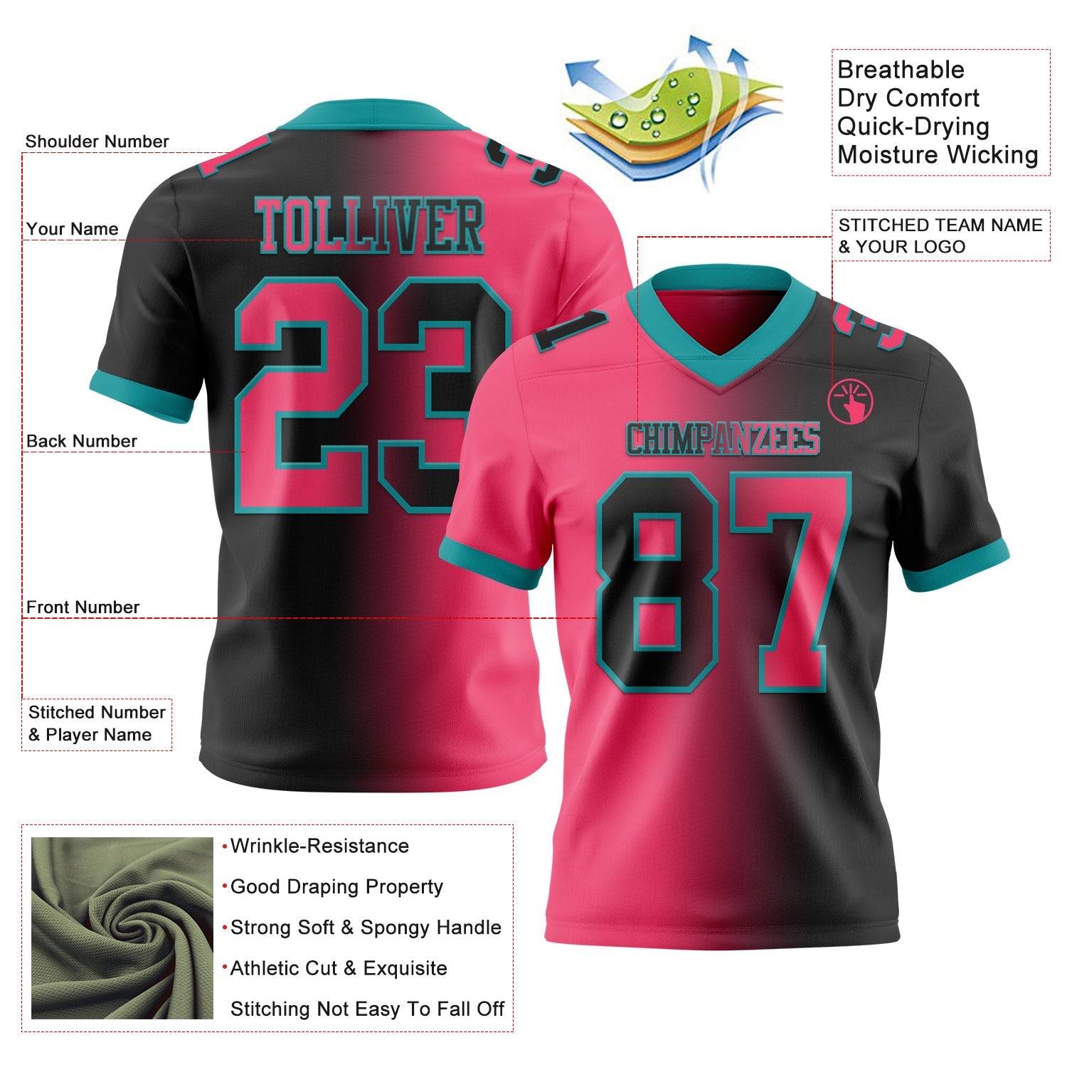 Custom Black Neon Pink-Teal Mesh Authentic Gradient Fashion Football Jersey - Sky-Custom