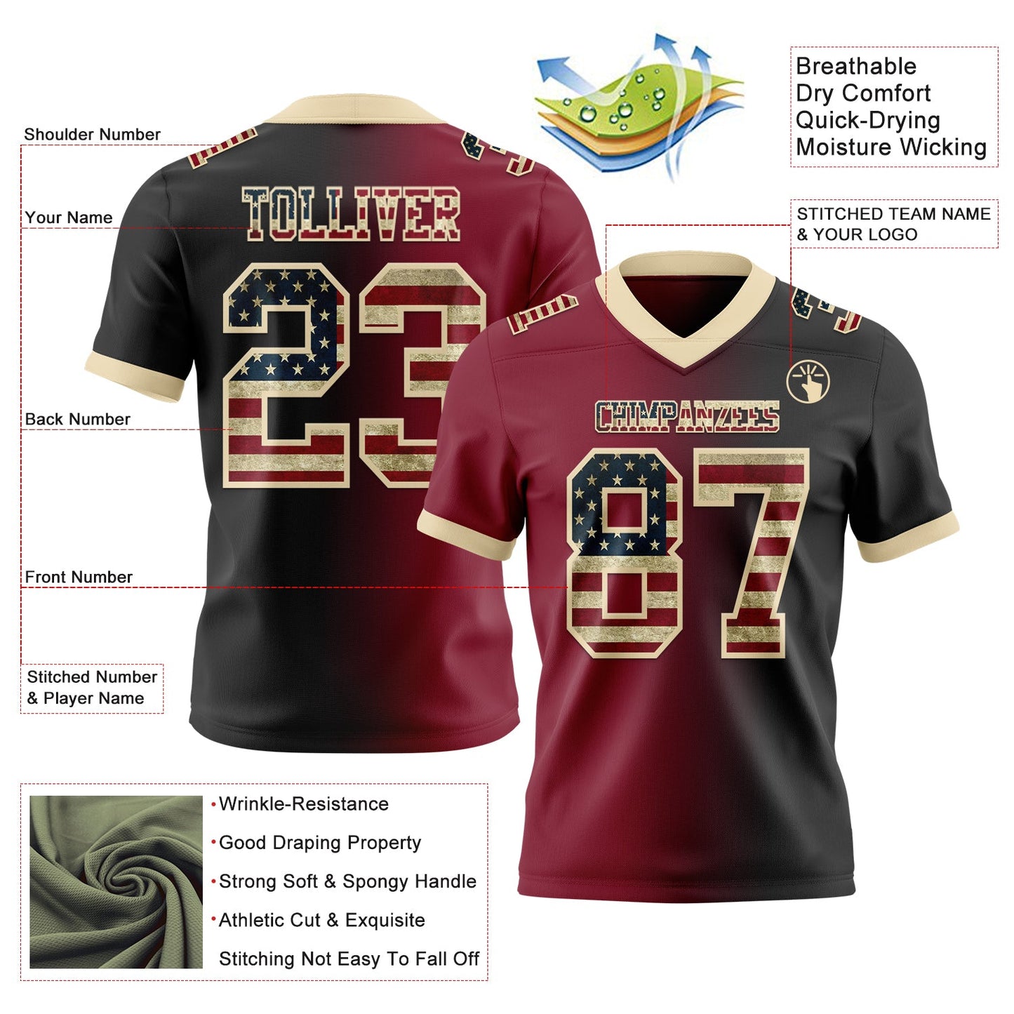Custom Black Vintage USA Flag Crimson-Cream Mesh Authentic Gradient Fashion Football Jersey - Sky-Custom
