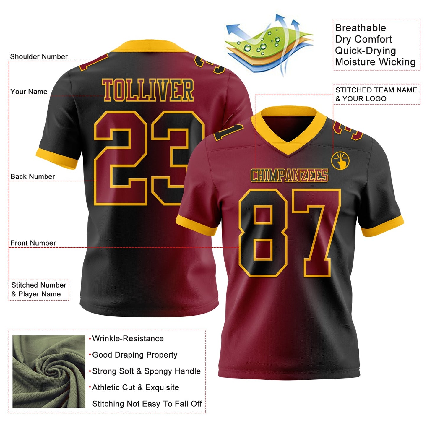 Custom Black Crimson-Gold Mesh Authentic Gradient Fashion Football Jersey - Sky-Custom