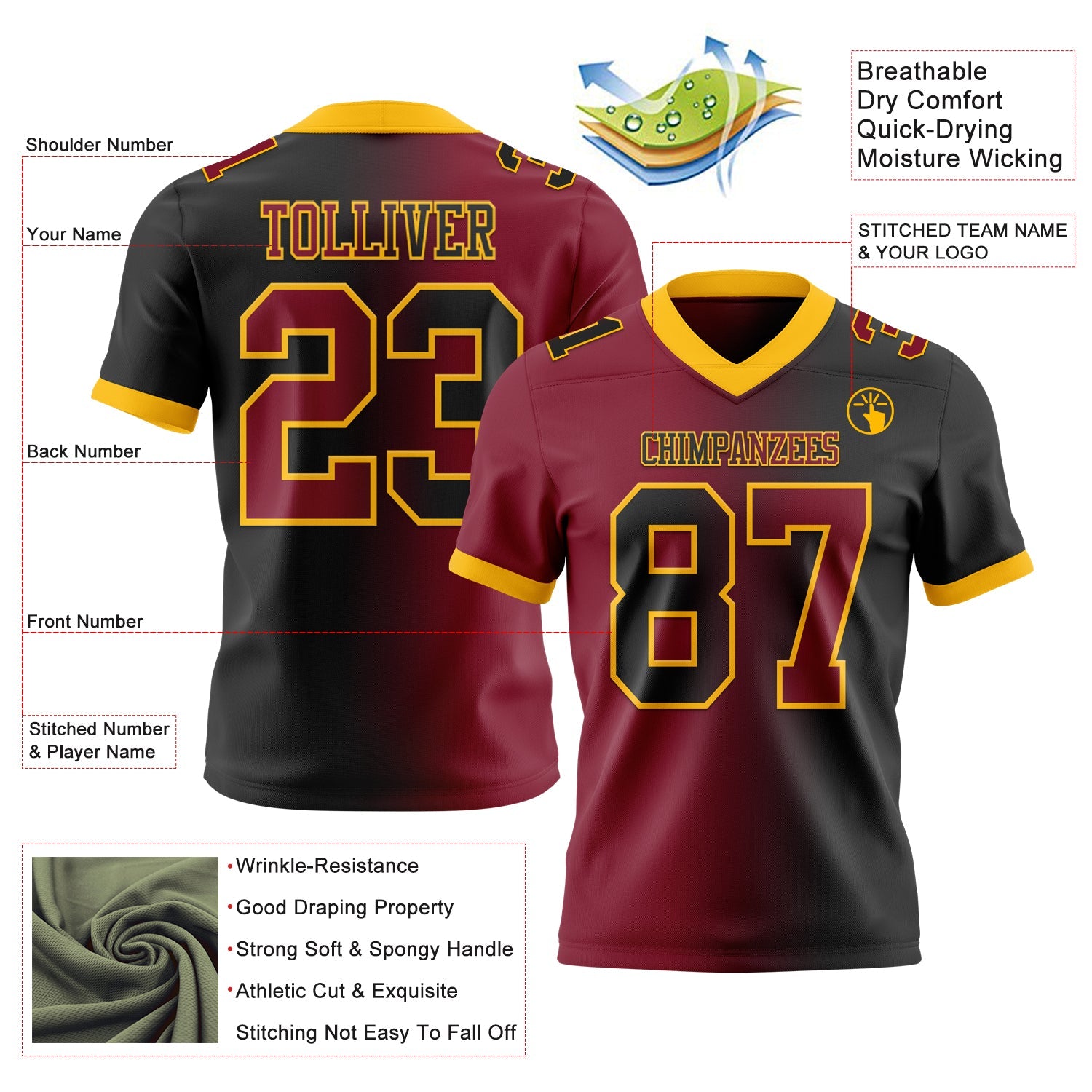 Custom Black Crimson-Gold Mesh Authentic Gradient Fashion Football Jersey - Sky-Custom