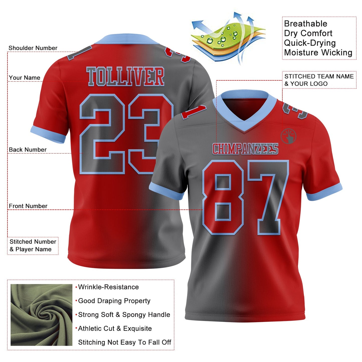 Custom Red Steel Gray-Light Blue Mesh Authentic Gradient Fashion Football Jersey - Sky-Custom