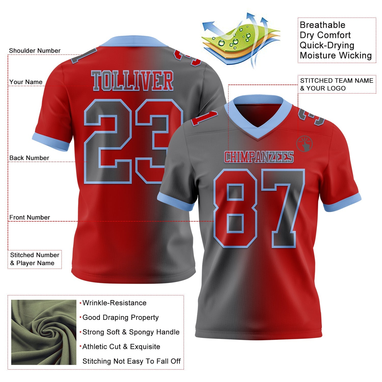 Custom Red Steel Gray-Light Blue Mesh Authentic Gradient Fashion Football Jersey - Sky-Custom