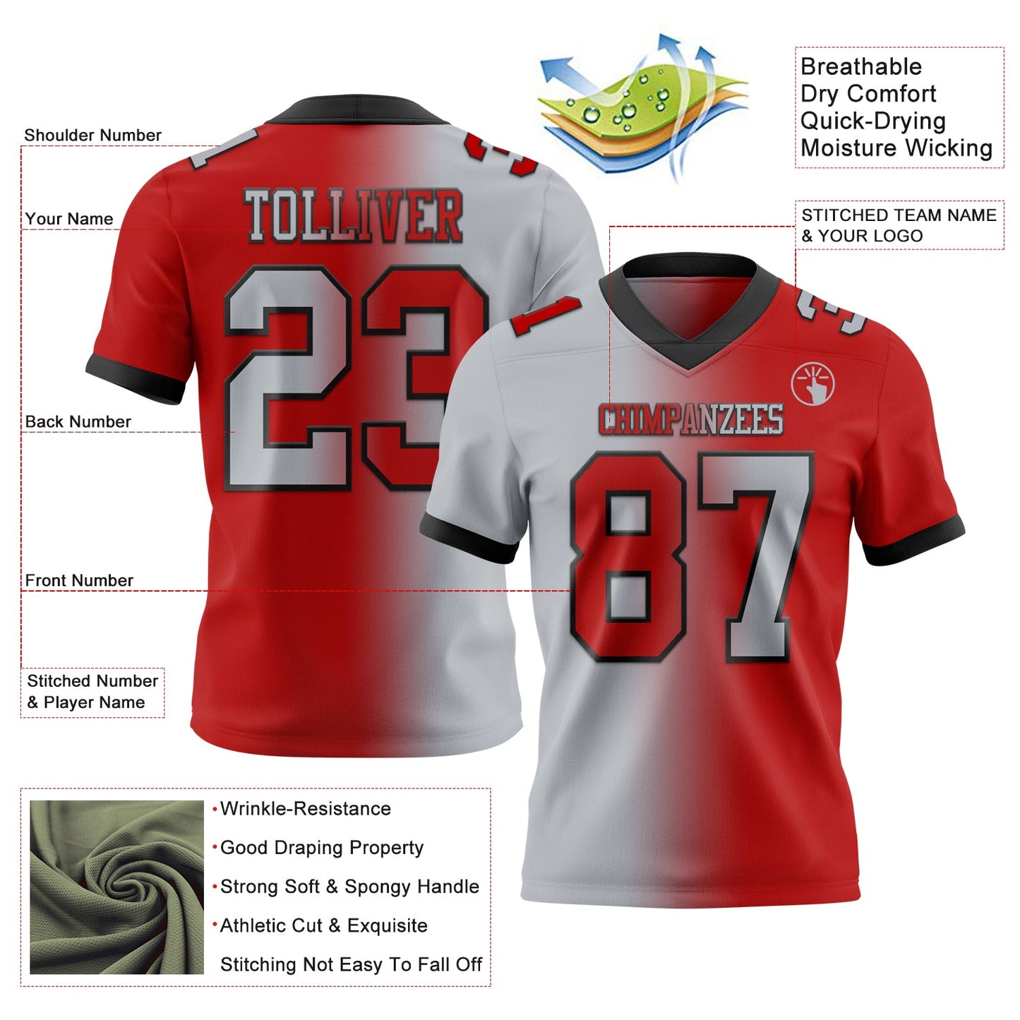 Custom Red Gray-Black Mesh Authentic Gradient Fashion Football Jersey - Sky-Custom