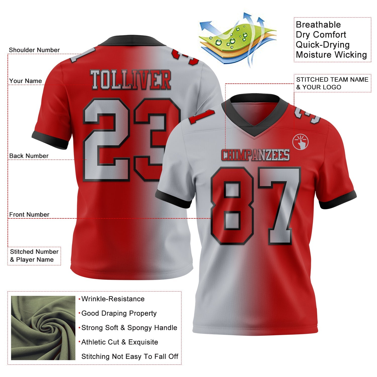 Custom Red Gray-Black Mesh Authentic Gradient Fashion Football Jersey - Sky-Custom