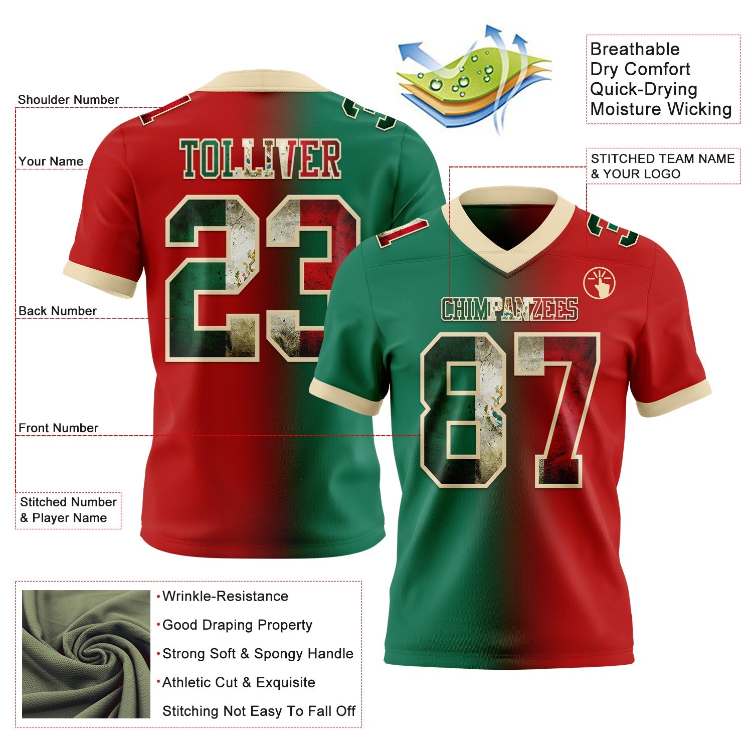 Custom Red Vintage Mexican Flag Kelly Green-Cream Mesh Authentic Gradient Fashion Football Jersey - Sky-Custom