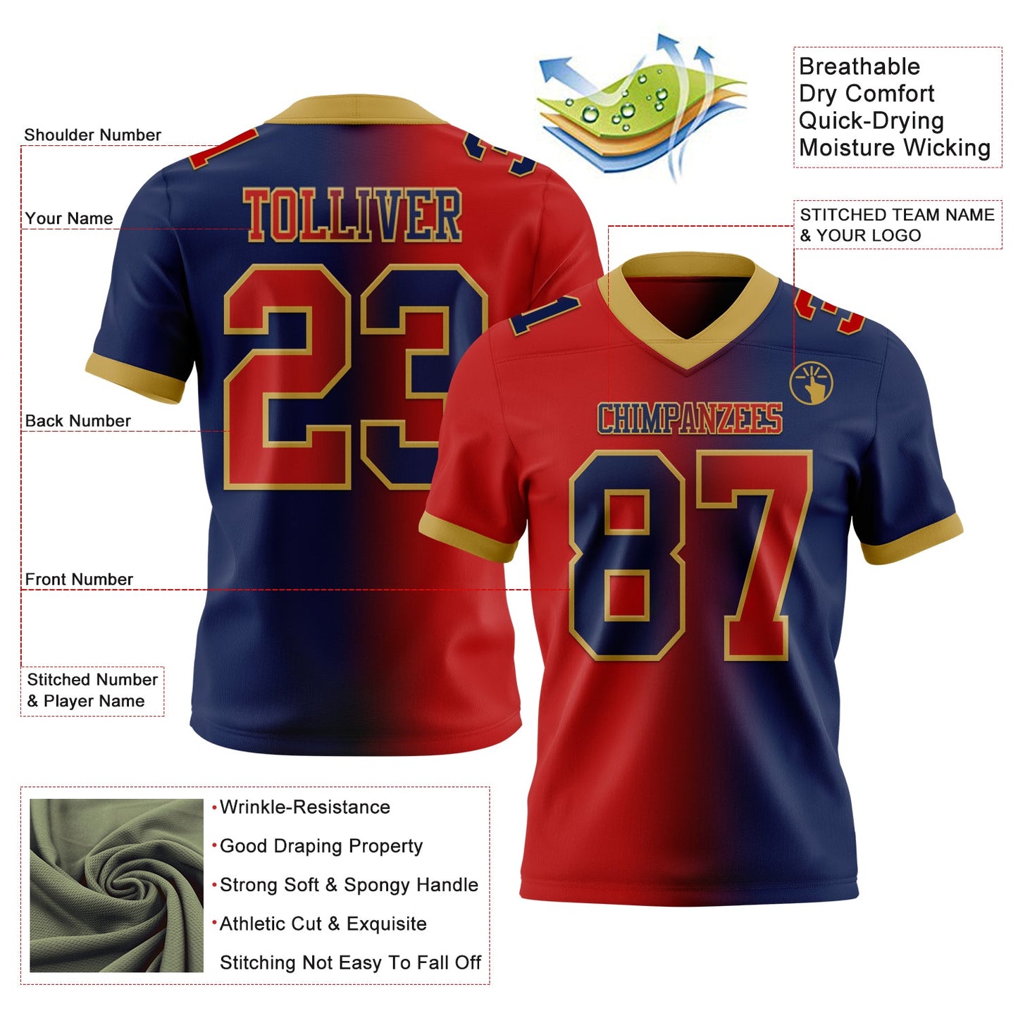 Custom Navy Red-Old Gold Mesh Authentic Gradient Fashion Football Jersey - Sky-Custom