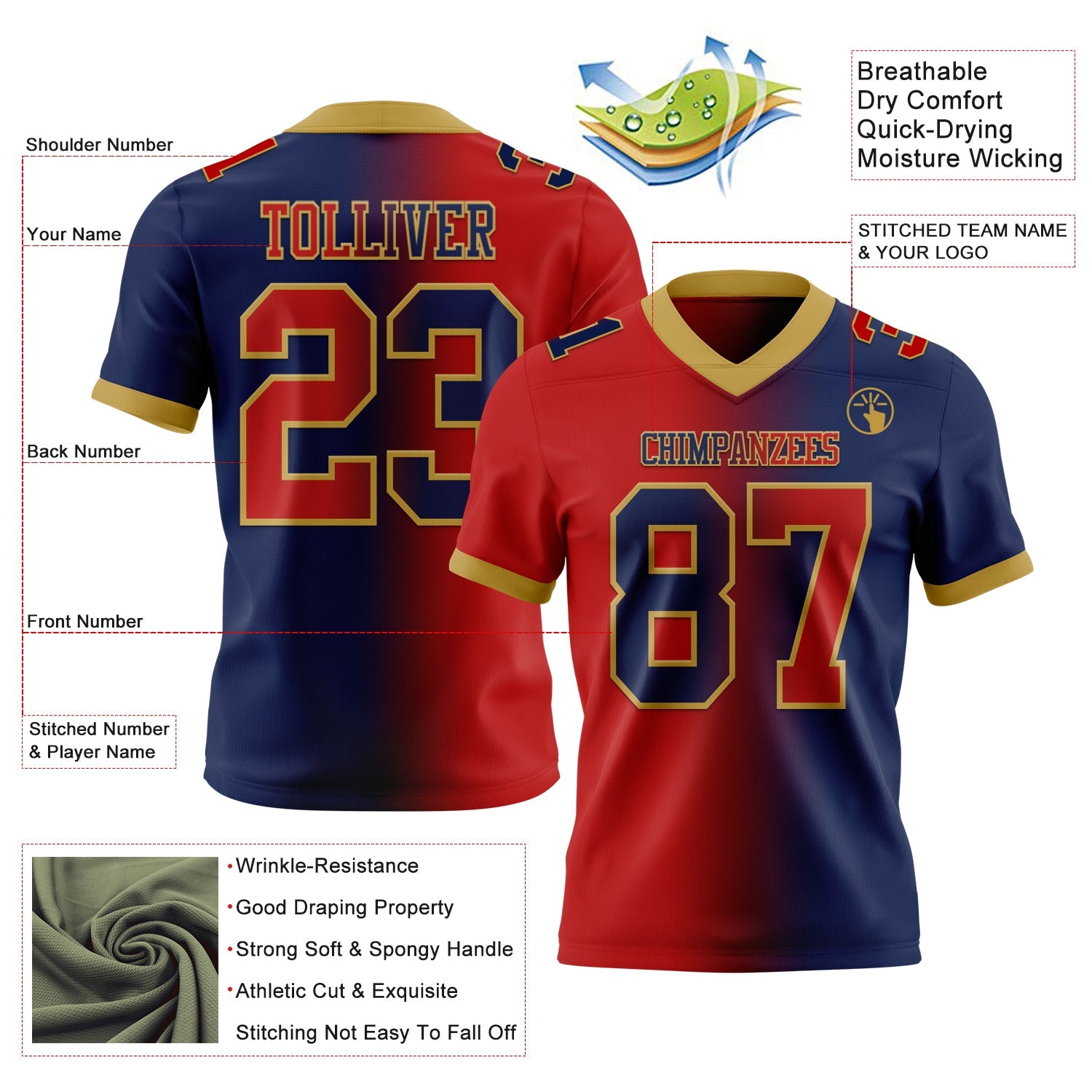 Custom Navy Red-Old Gold Mesh Authentic Gradient Fashion Football Jersey - Sky-Custom